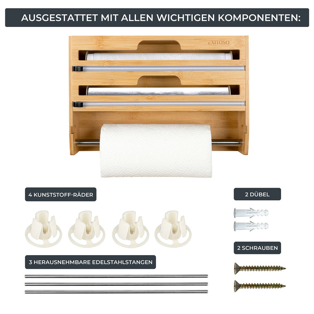3 in 1 Folienschneider + Wandrollenhalter + Frischhaltefolienspender mit Montagezubehör für einfache Wandbefestigung ohne Bohren.