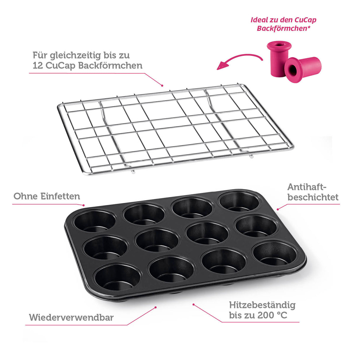 CuCap Back-Set für Cupcakes, Muffins & Mehr mit antihaftbeschichteter Form, hitzebeständig bis 200 °C, wiederverwendbar und für 12 Förmchen.