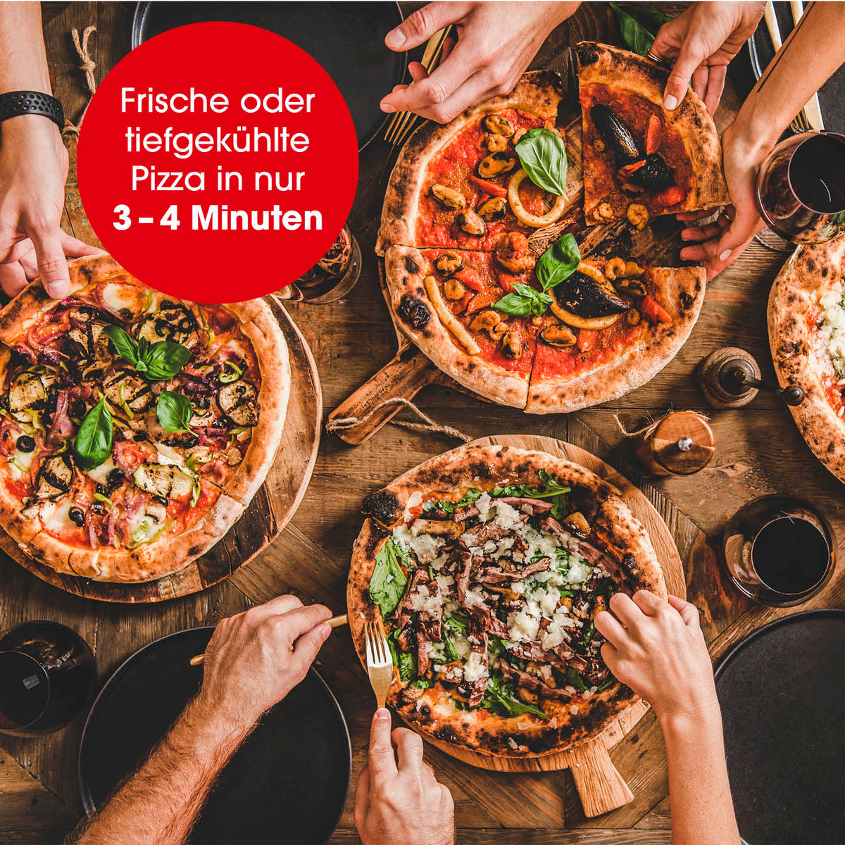 Elektro-Pizzaofen inkl. Pizzastein für knusprige Pizza in 3–4 Minuten, mit Timer, Cool-Touch-Griff und wärmeisoliertem Metallgehäuse.