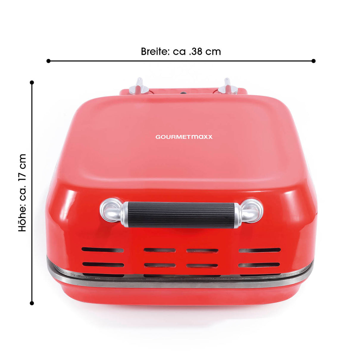 Elektro-Pizzaofen inkl. Pizzastein in rot, kompakt, mit Cool-Touch-Griff und wärmeisoliertem Metallgehäuse, ideal für knusprige Pizza bei bis zu 400 °C.