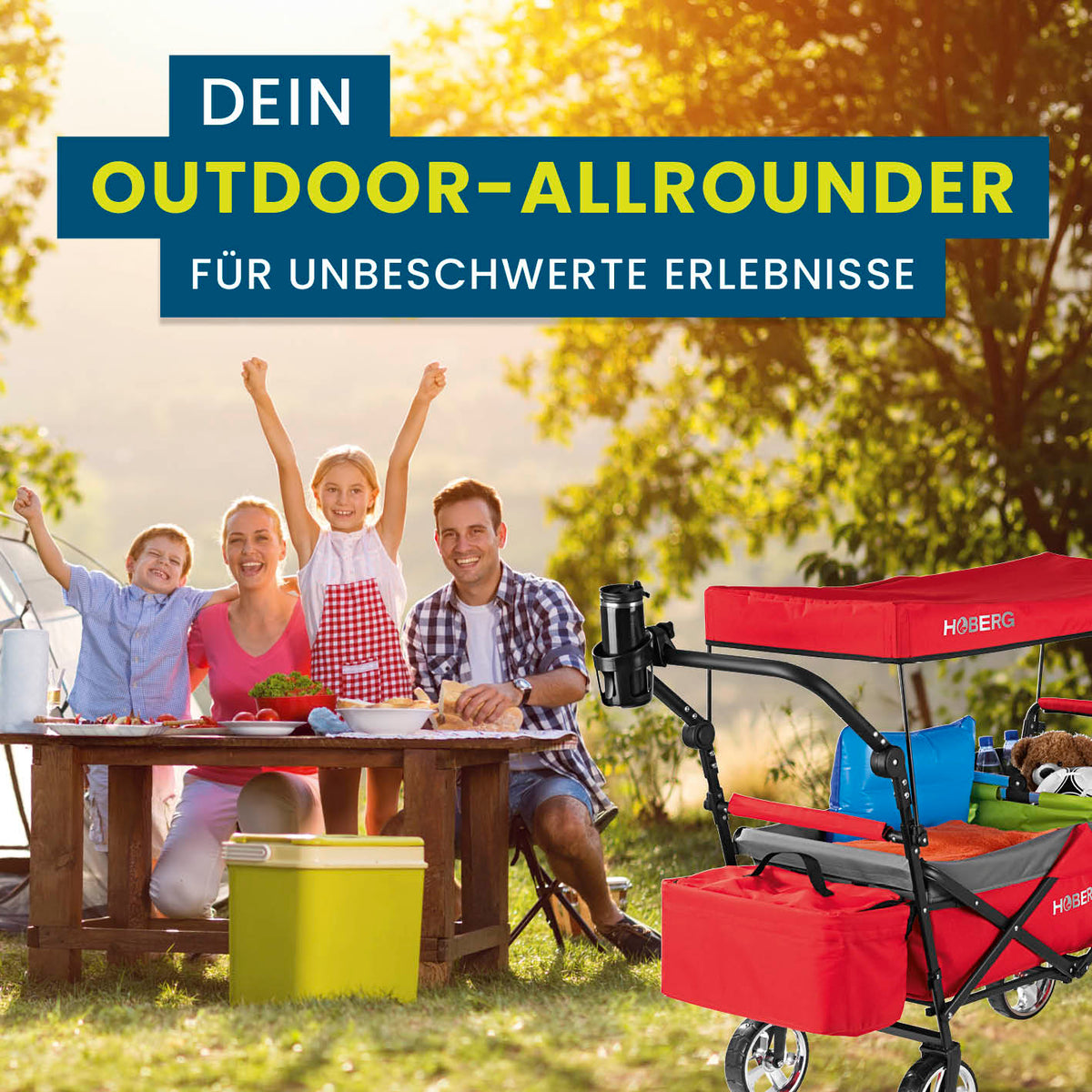 Faltbarer Bollerwagen - Rot von HOBERG mit praktischem Dach, Kühlfach und robustem Nylonbezug für Ausflüge und Outdoor-Aktivitäten.