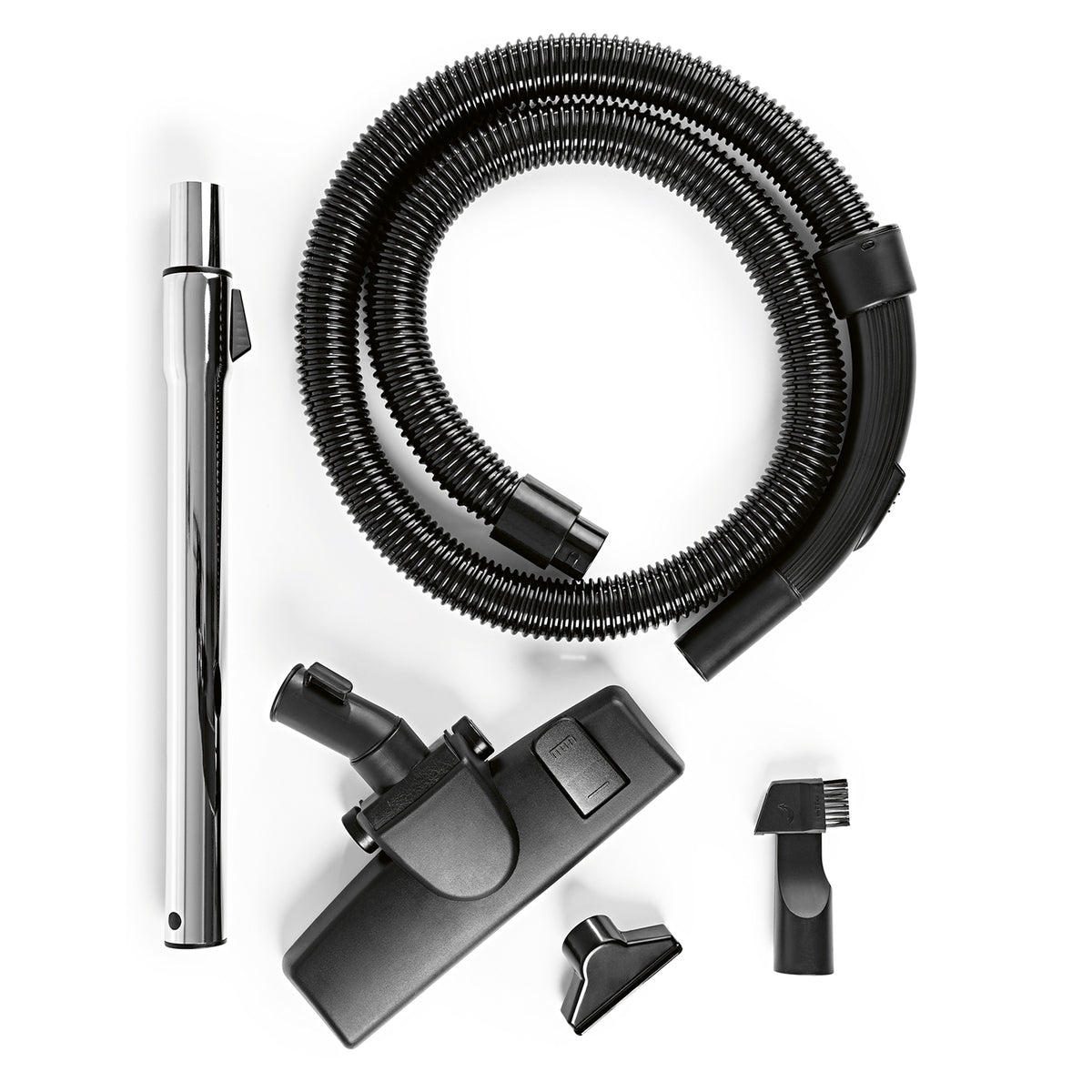 CLEANmaxx Zyklon-Staubsauger 800W schwarz/rot mit Zubehör: Teleskoprohr, Schlauch, Kombidüse, Polster- und Fugendüse.