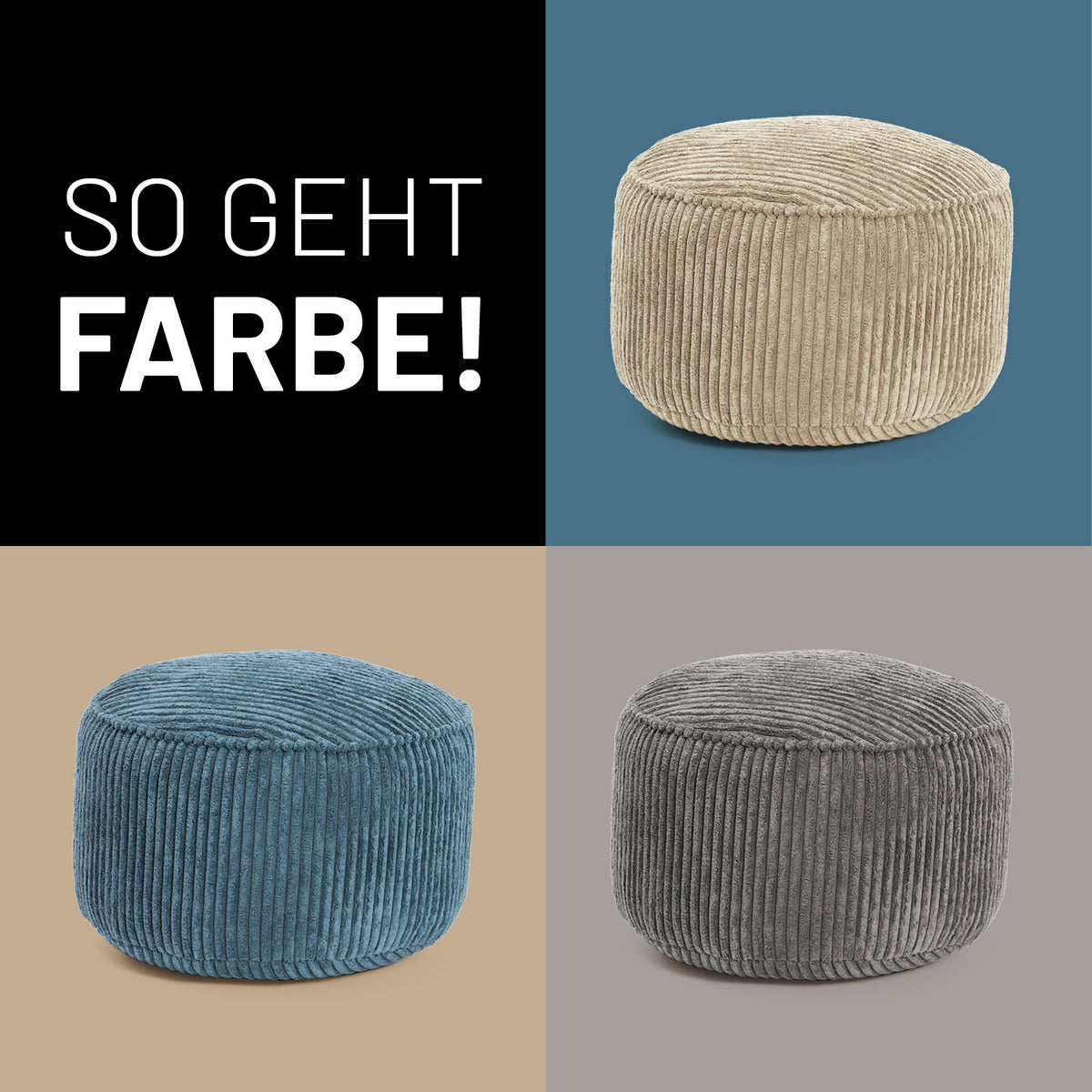 Sitzsack Pouf aus der Cord-Reihe - Beige mit geripptem Stoff, vielseitig als Hocker, Schemel oder Ablage im modernen Design.