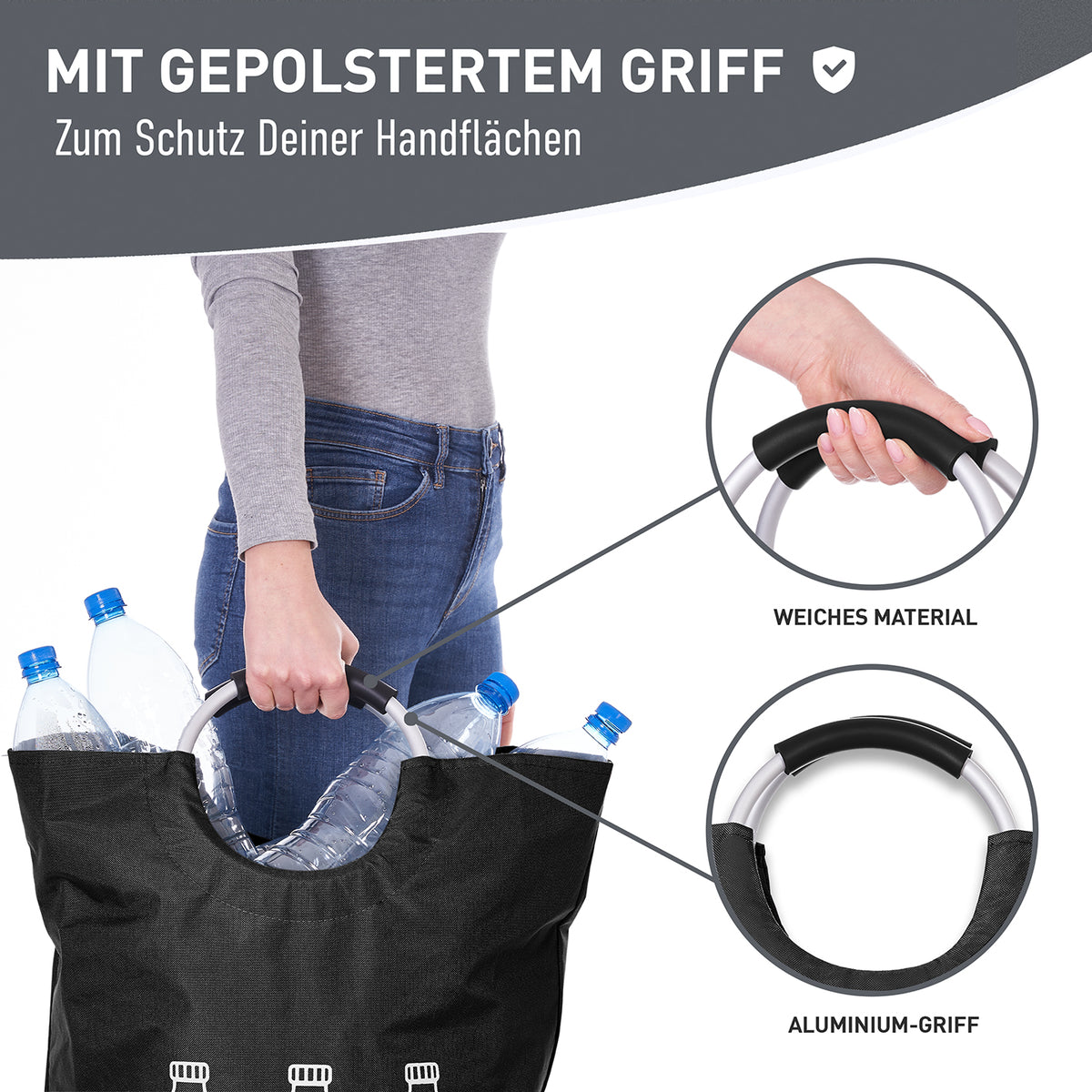 Faltbarer Pfandflaschen Sammelbehälter - Grau mit wasserabweisendem Polyester und gepolstertem Aluminiumgriff zum einfachen Tragen.
