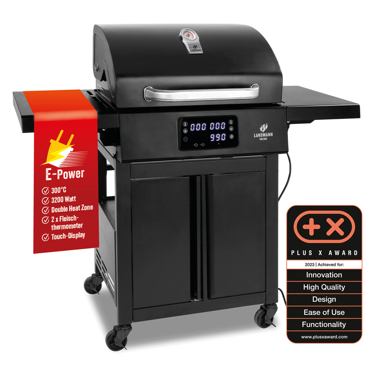 VOLTRIS Elektro-Grillwagen - Schwarz mit Touchdisplay, zwei Heizelementen, emaillierten Gusseisenrosten und Fleischthermometern.