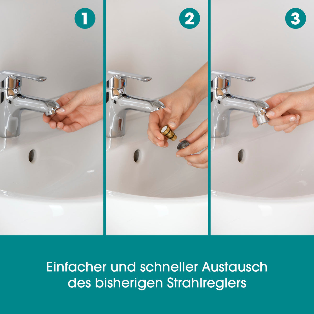 Strahlregler für Wasserarmaturen 3,5cm - Edelstahl, zeigt einfachen Austausch und Montage an einem Wasserhahn.