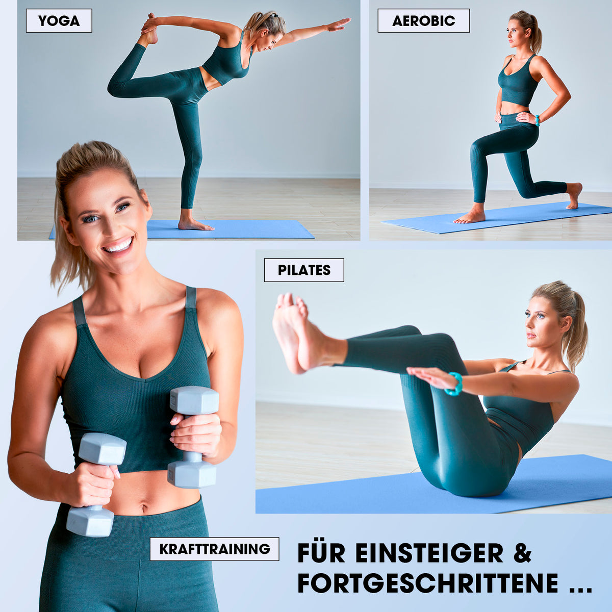 Fitness- und Gymnastikmatte - 183 x 61 x 2 cm - Blau mit Übungen für Yoga, Aerobic, Pilates und Krafttraining im Home-Gym.