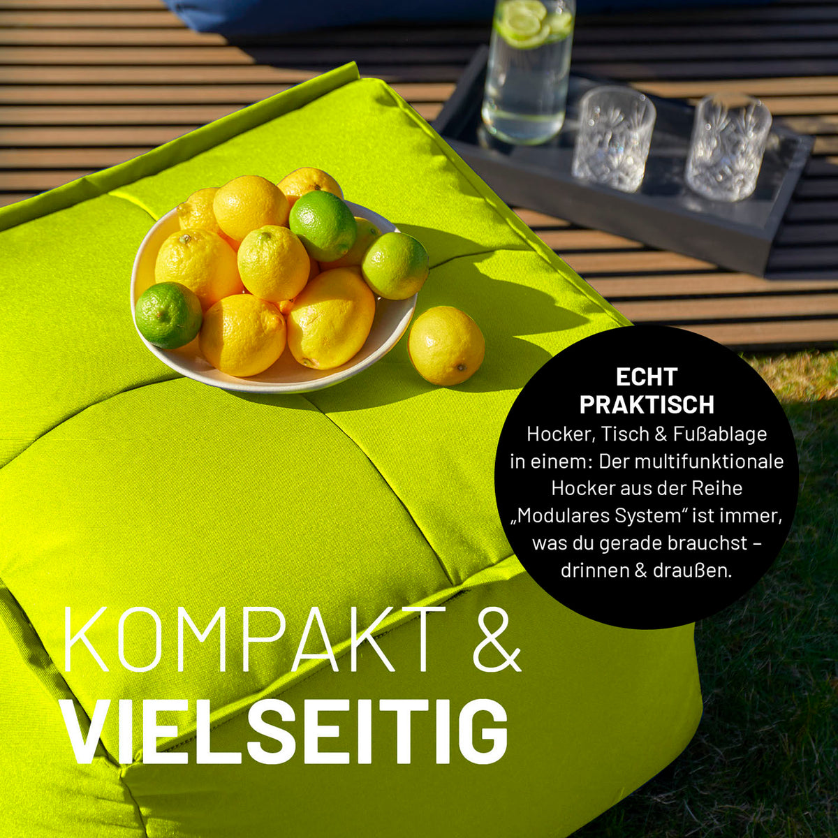 Sitzsack-Hocker (200 L) Apfelgrün, modulare Funktion als Hocker, Tisch und Fußablage, für drinnen und draußen geeignet.
