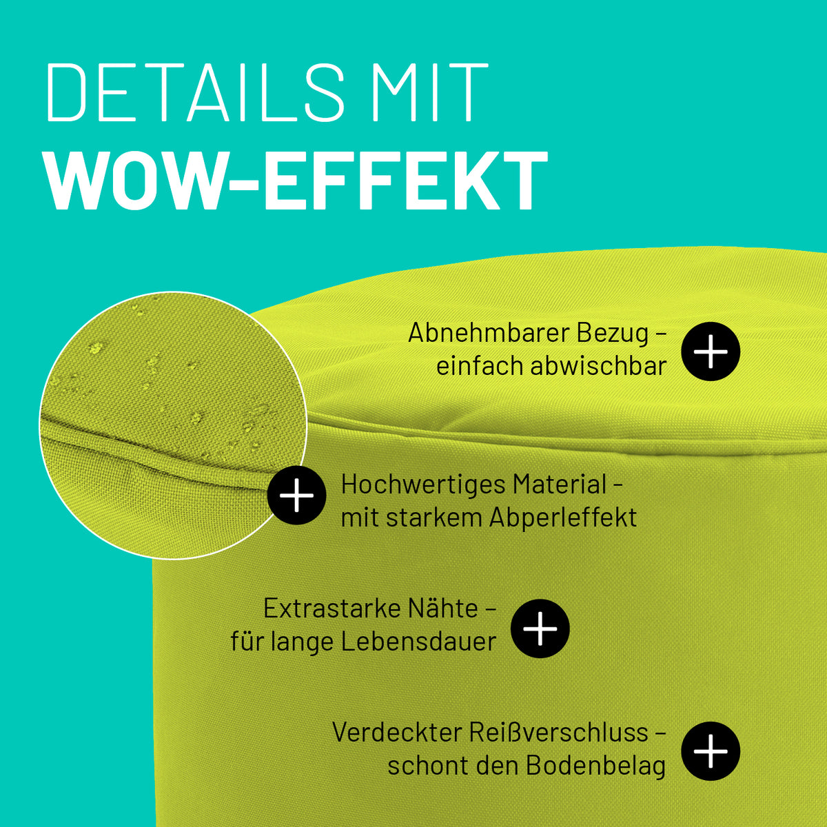 Sitzsack-Hocker/Pouf (50 L) Apfelgrün mit abnehmbarem Bezug, starkem Abperleffekt, extra starken Nähten und verdecktem Reißverschluss.