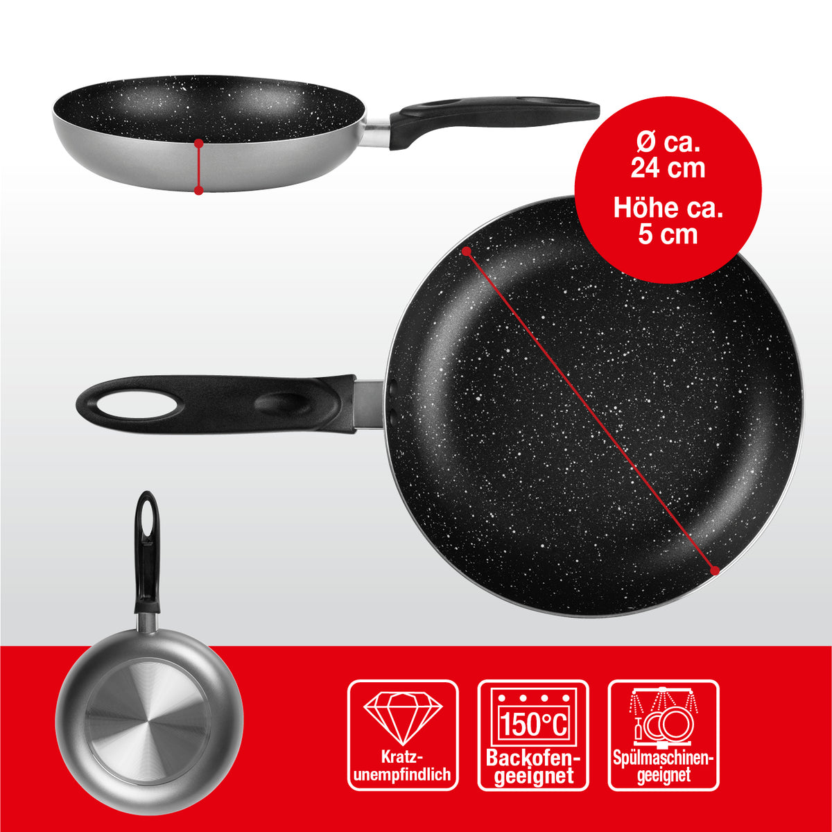 Aluminium-Pfanne mit Cool-Touch-Griff - 24 cm - anthrazit, antihaftbeschichtet, hitzebeständig bis 150 °C, spülmaschinengeeignet.