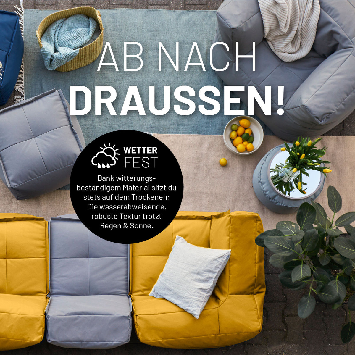 Sitzsack-Sofa Ecke (340 L) - Modulares System - indoor & outdoor - Senfgelb mit wetterfestem, wasserabweisendem Material für draußen und drinnen