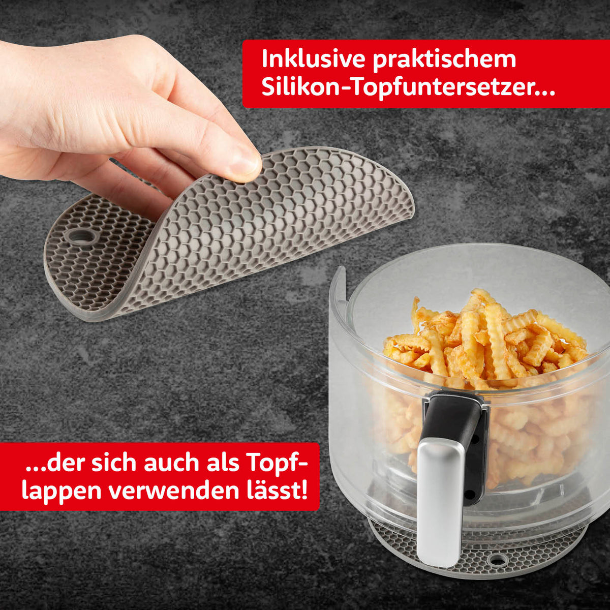 Heißluft-Fritteuse Digital mit Glas-Garkorb - 3,3 l - schwarz mit praktischem Silikon-Topfuntersetzer und Fries im Glas-Garkorb.