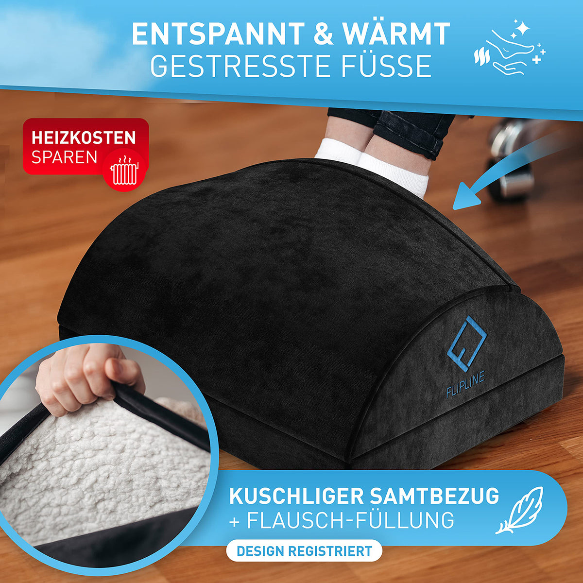 Schreibtisch-Fußstütze mit Fußtasche - Schwarz aus samtigem Material für warme, entspannte Füße und ergonomische Unterstützung im Alltag.