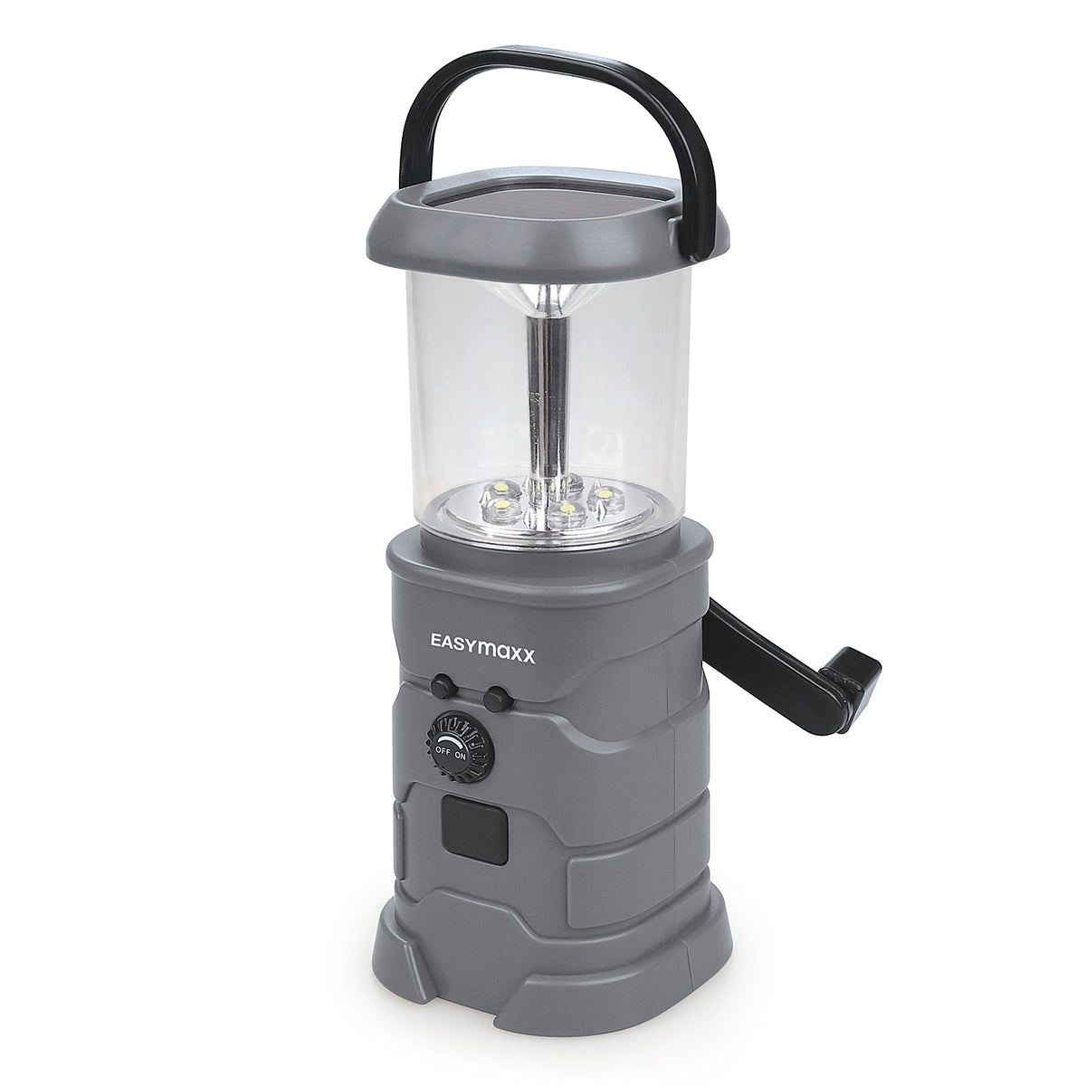 Akku-Lampe mit Radio - Lädt über Solar, Kurbel und USB, mit 5 LEDs, FM-Radio und praktischem Griff zum Aufhängen.