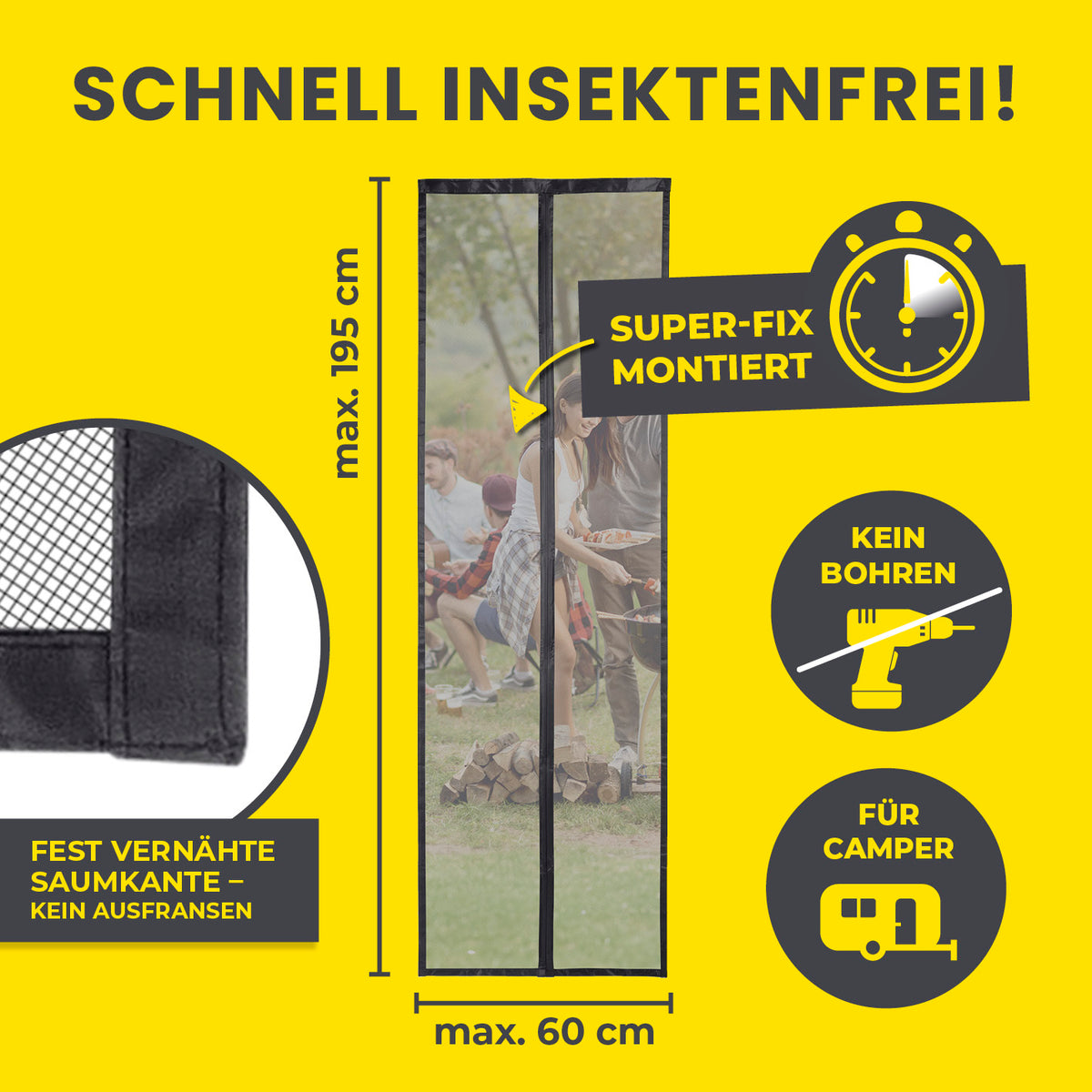 Insektenschutzvorhang für Wohnwagen - 60 x 195 cm, schnelle Montage ohne Bohren, starke Magnete, luftdurchlässig und mückensicher.