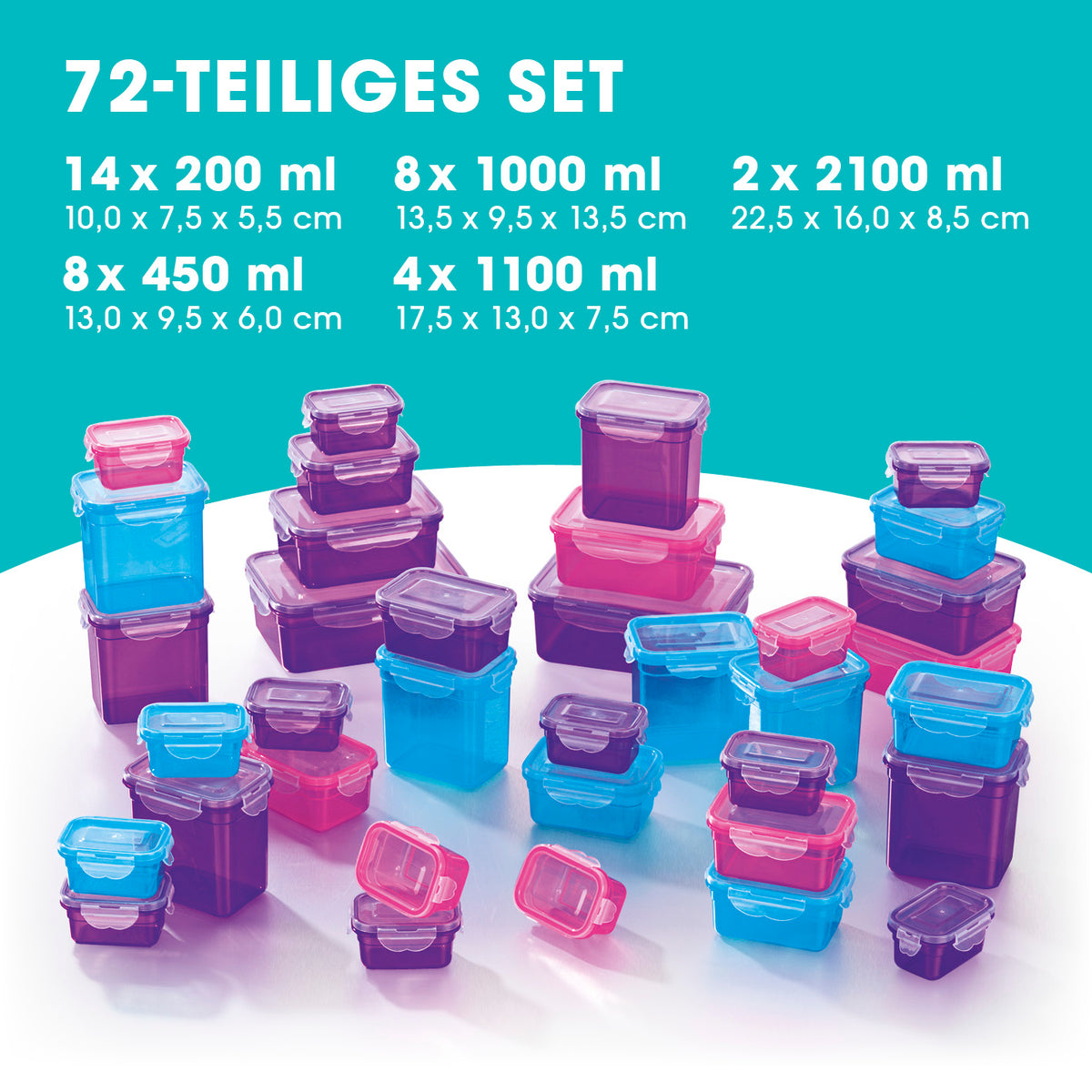 Frischhaltedosen Klick-it 72-tlg. lila/pink/türkis mit 4-fach-Klick-Verschluss, stapelbar, spülmaschinenfest, mikrowellengeeignet.