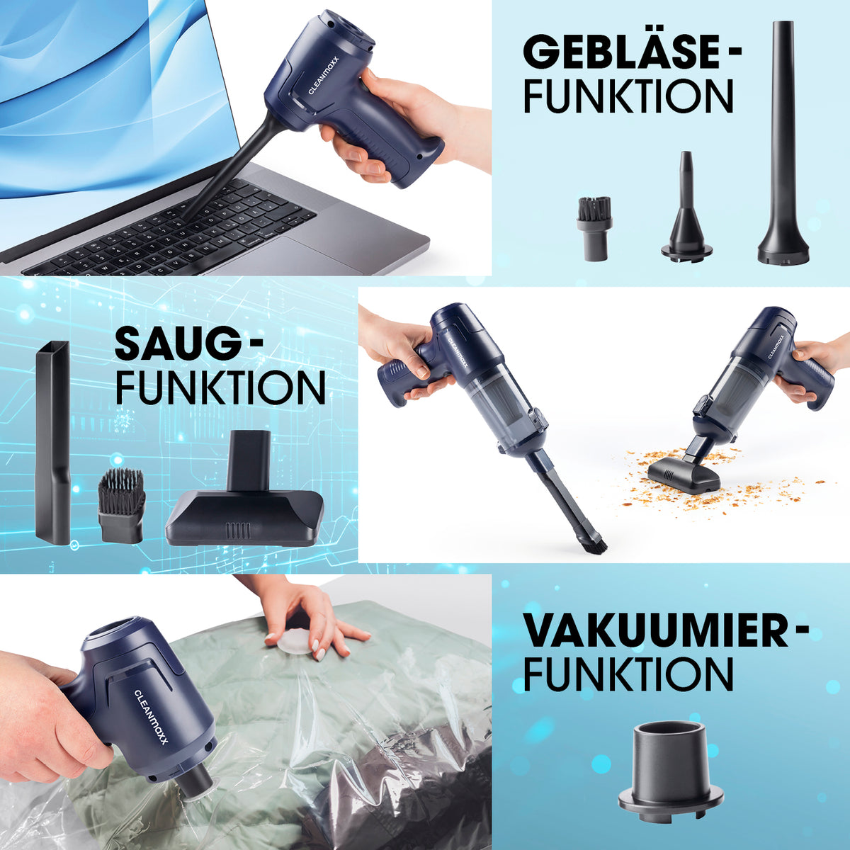 2in1-Akkusauger mit Saug- & Gebläsefunktion zeigt vielseitige Nutzung mit Aufsätzen für Saugen, Gebläse und Vakuumieren bei Laptop, Krümeln, Kleidung.