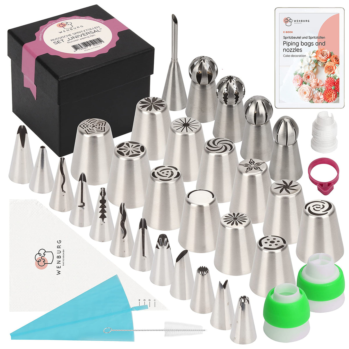 Spritzbeutel-Set mit Tüllen - 67-tlg. mit Edelstahltüllen, Spritzbeuteln, Reinigungsbürste und Geschenkbox für perfekte Kuchenverzierung.