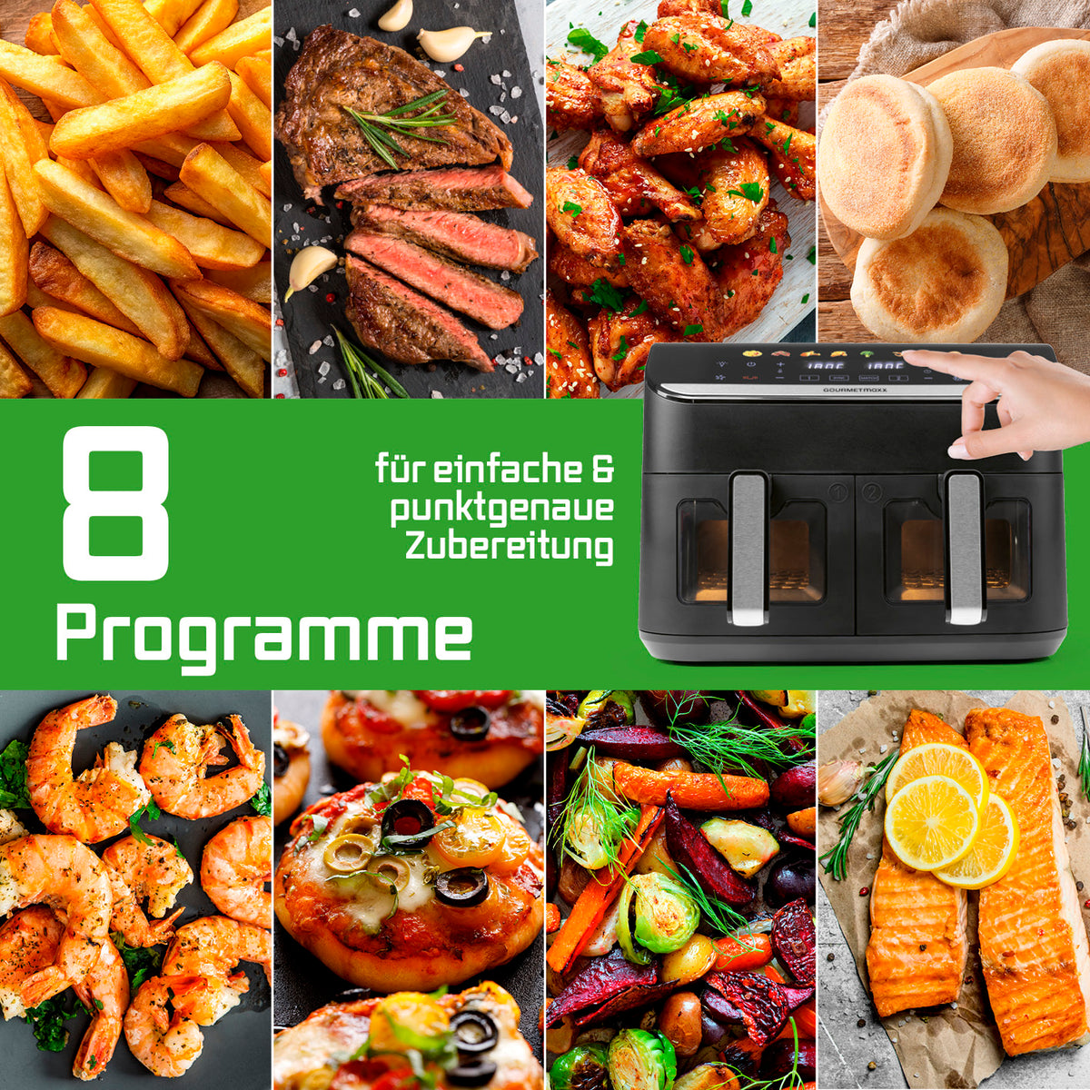 Doppelkammer-Heißluftfritteuse - 9 Liter mit 8 Programmen für fettarmes Zubereiten von Pommes, Steak, Gemüse, Pizza und mehr.