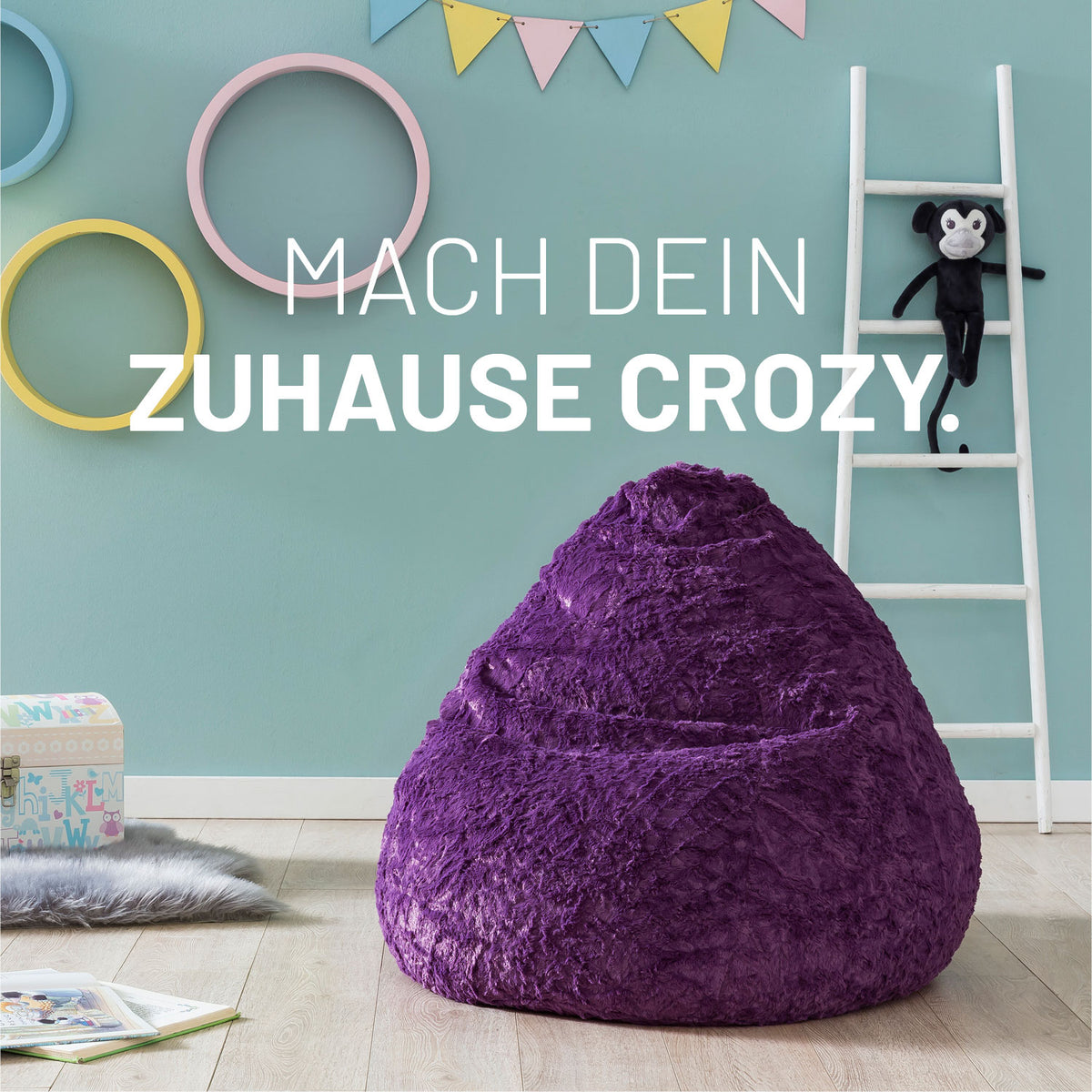 Luxury Fluffy Sitzsack (120 L) - indoor - Lila aus weichem Webplüsch, formanpassend und robust für modernes Wohnen.