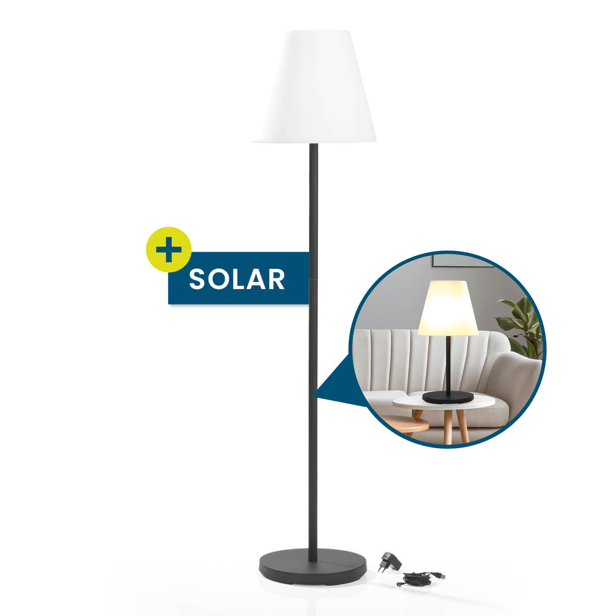Solar-Stehlampe - 3-fach höhenverstellbar - 3 Helligkeitsstufen, modern, kabellos, warmweißes Licht, für Innen und Außen geeignet.