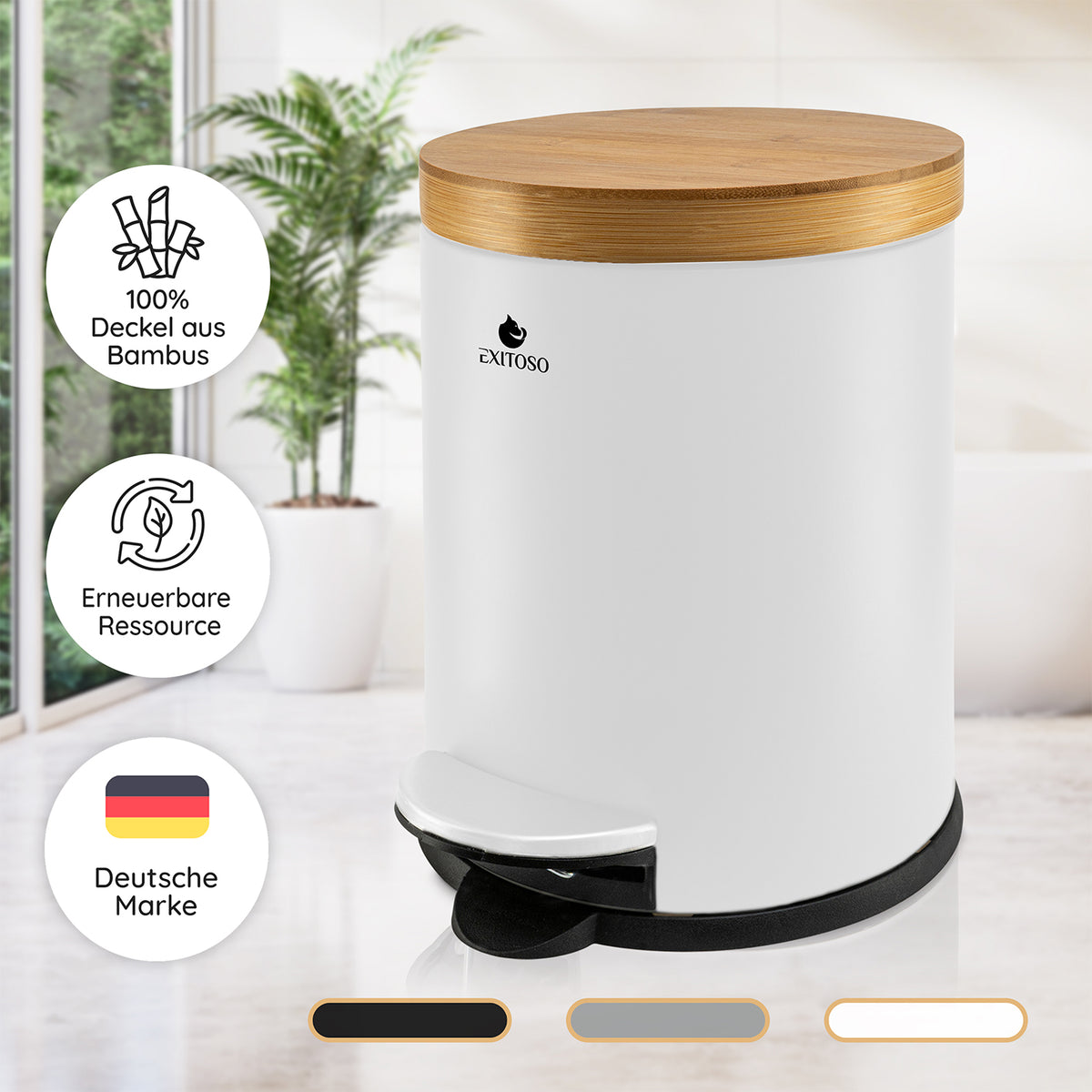 Tretmülleimer mit Softclose-Deckel - 5 l - Weiß mit Bambusdeckel, Softclose-Funktion und rutschfestem Stand für geräuschloses Schließen.