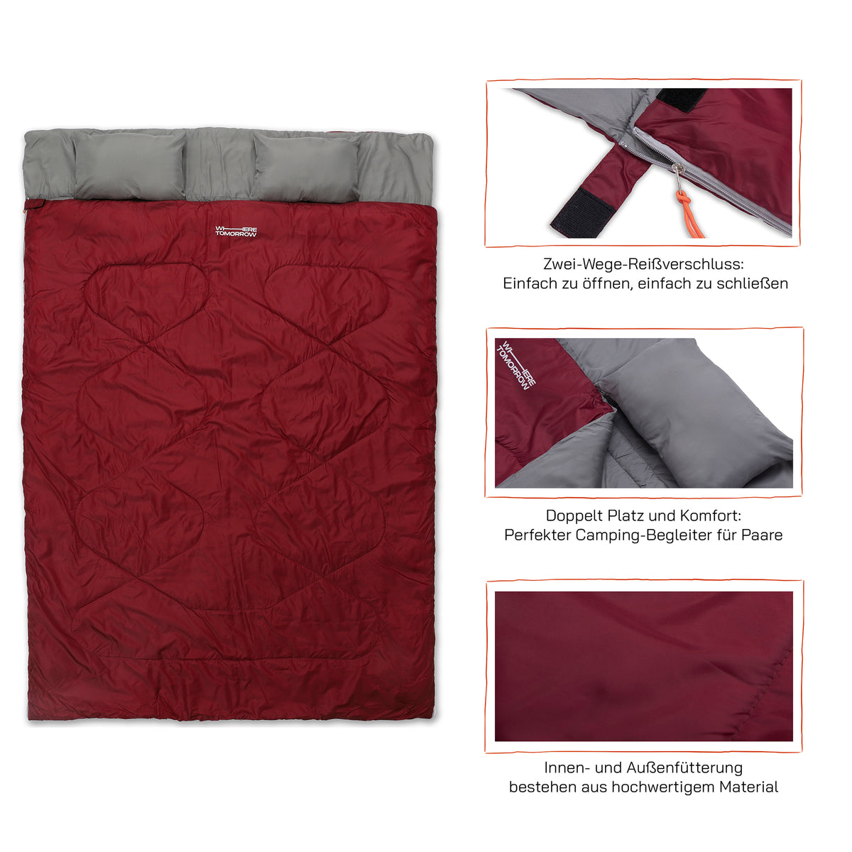 Doppelschlafsack mit Tragetasche - 2-Personen Schlafsack - 190 x 150 cm in Weinr mit wasserabweisendem Material und extra Komfort.