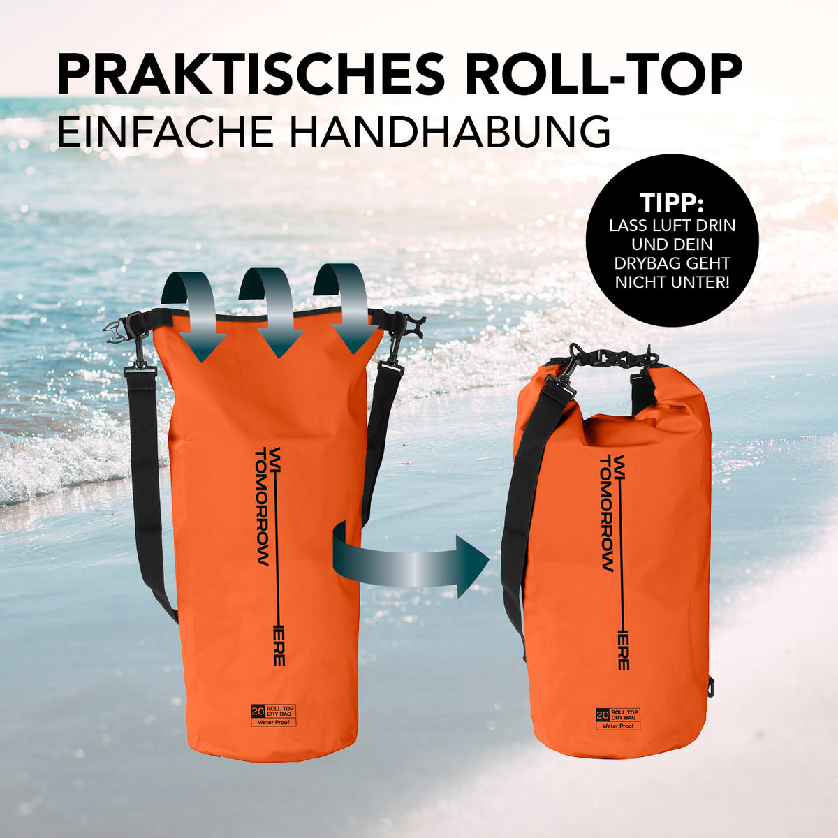 Dry Bag 20L - Style 02 - Orange mit praktischem Rolltop-Verschluss und verstellbarem Schultergurt für wasserdichten Schutz bei Outdoor-Aktivitäten.