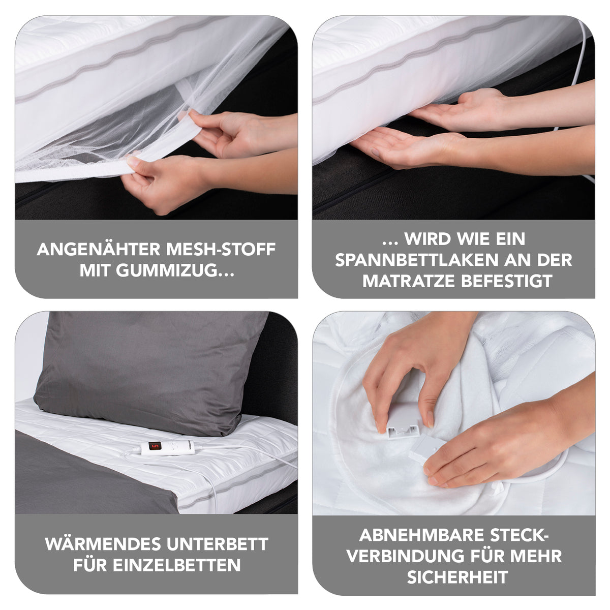 Wärmeunterbett - 9 Wärmestufen - 200x95x30cm - weiß mit Gummizug, Timer und abnehmbarer Steckverbindung für Einzelbetten.