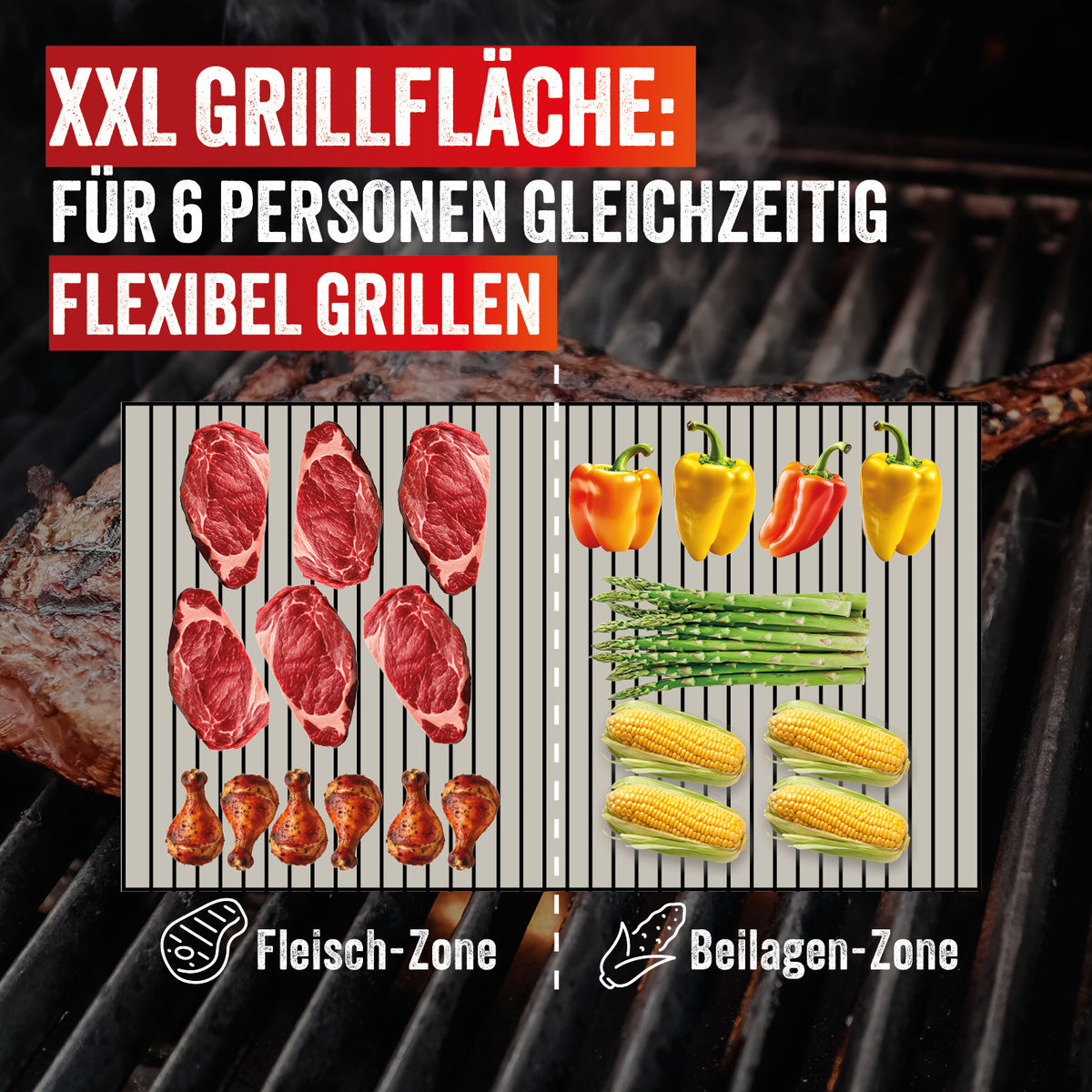 VOLTRIS Elektro-Grillwagen - Edelstahl mit XXL Grillfläche, 2 Grillzonen für Fleisch und Beilagen, ideal für 6 Personen.