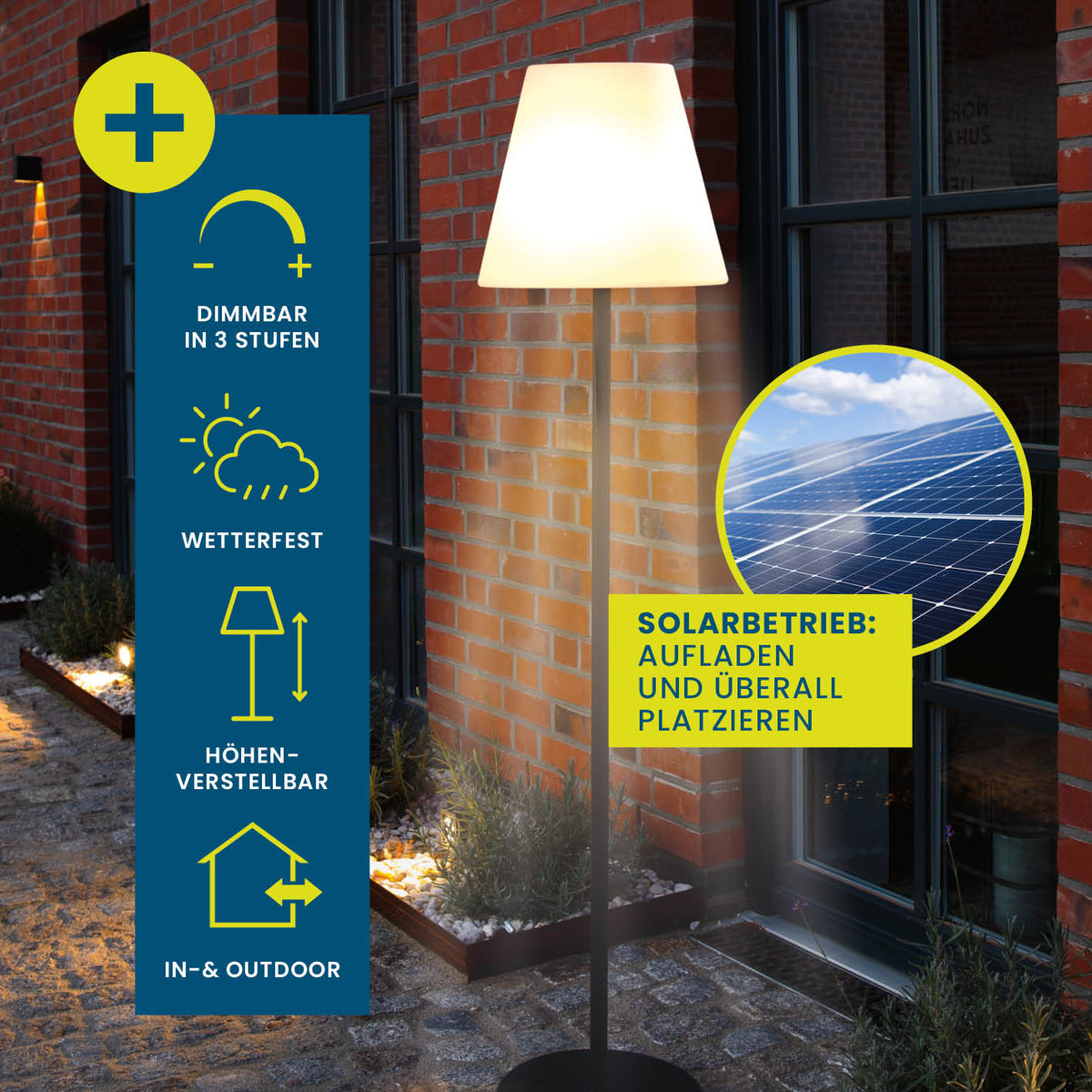 Solar-Stehlampe - 3-fach höhenverstellbar - 3 Helligkeitsstufen, wetterfest, dimmbar und solarbetrieben für Innen- und Außenbereich.