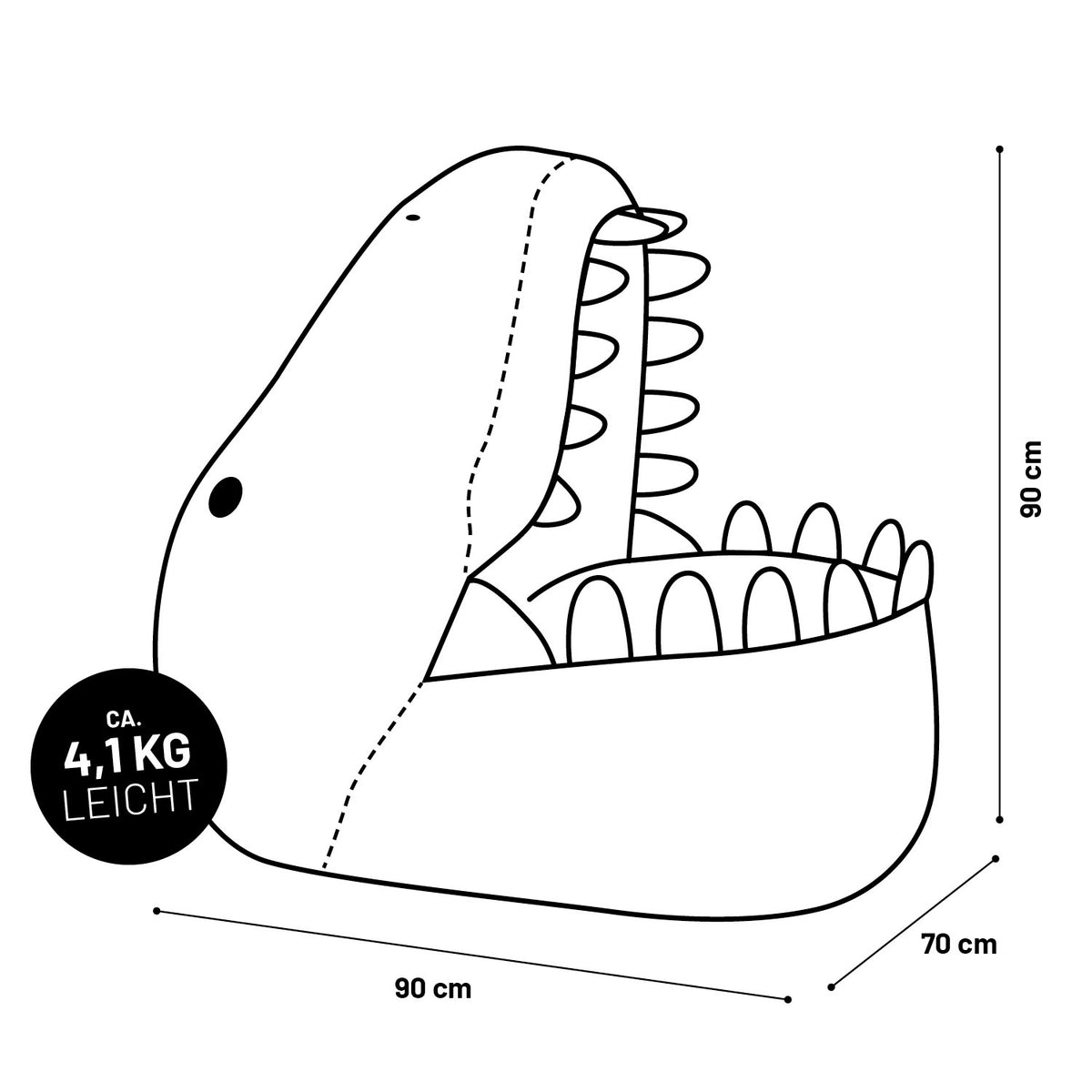Kindersitzsack Animal Line Dino (270 L) senfgelb, weich, wasserabweisend, robust, 90x70x90 cm, ideal für drinnen und draußen.