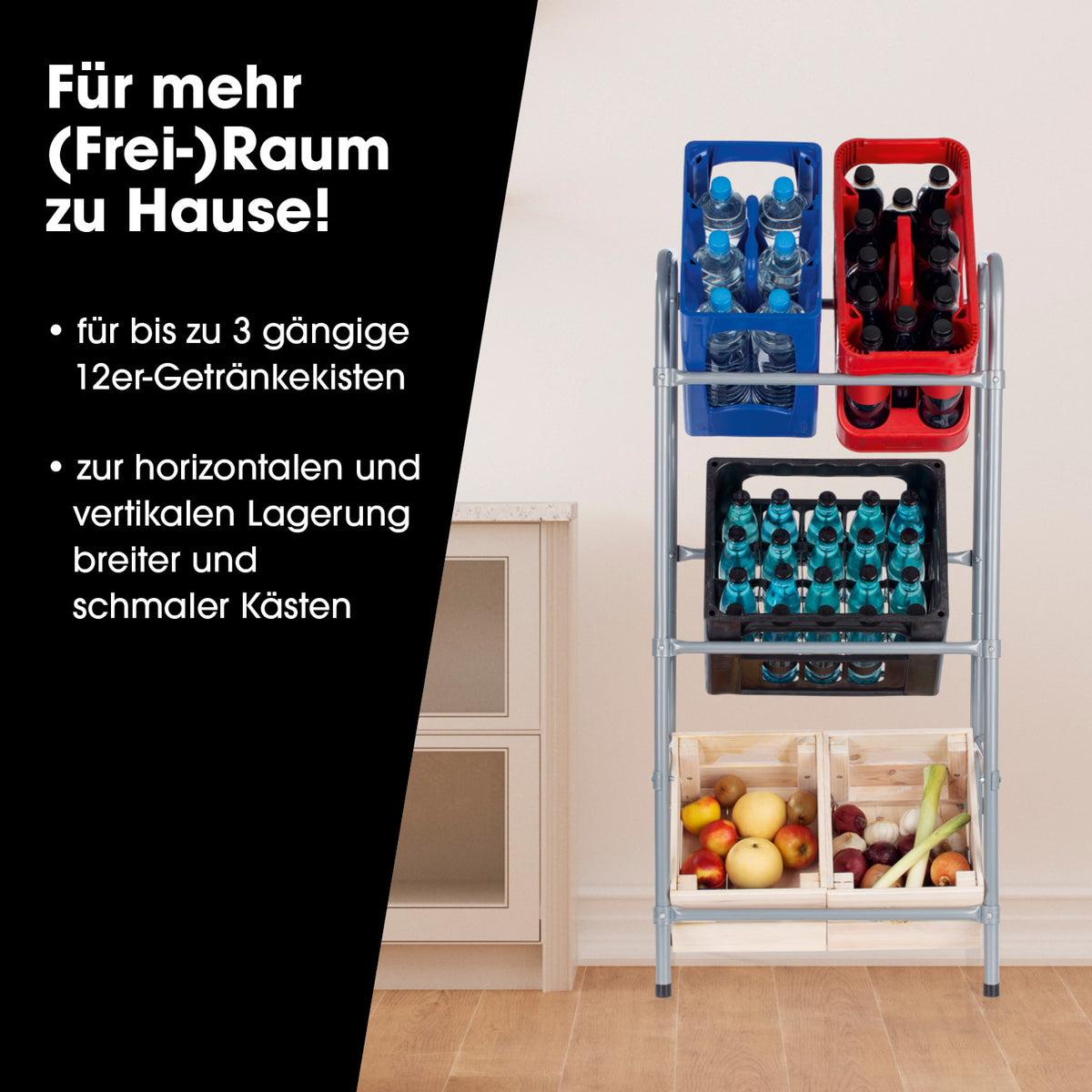 Getränkekistenregal aus Metall für 3 Kästen 2er-Set mit Platz für 3 12er-Kisten und zusätzlichem Stauraum für Obst oder Boxen.