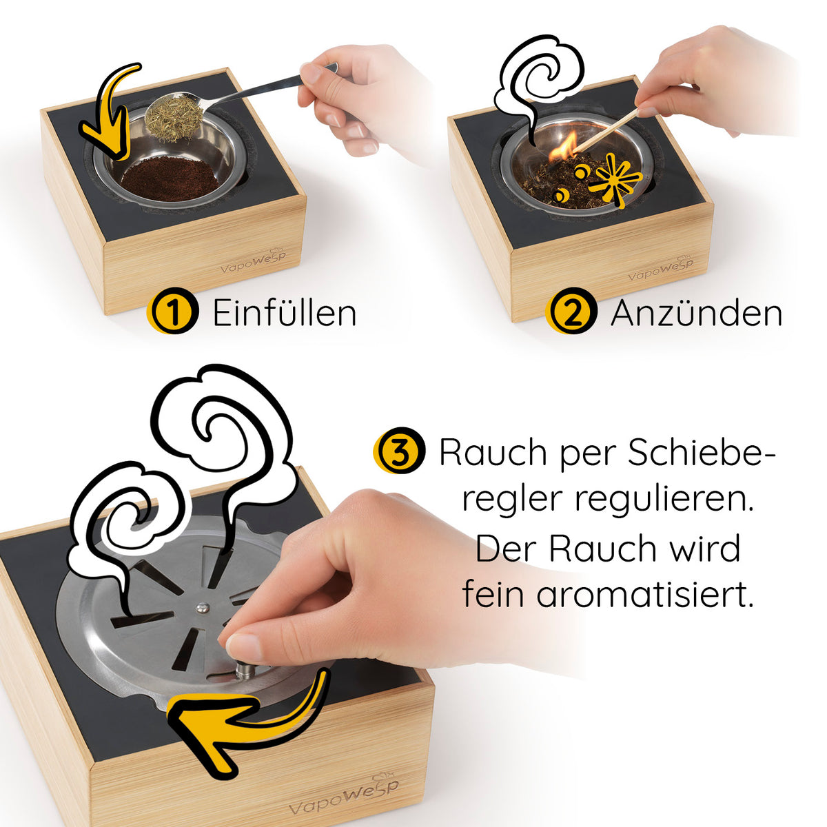 Pulver 3er-Set Orange & Rosemary mit VapoWesp Räucherbox, aromatischer Rauch durch glimmendes Kaffeepulver, 3x je 100 g.