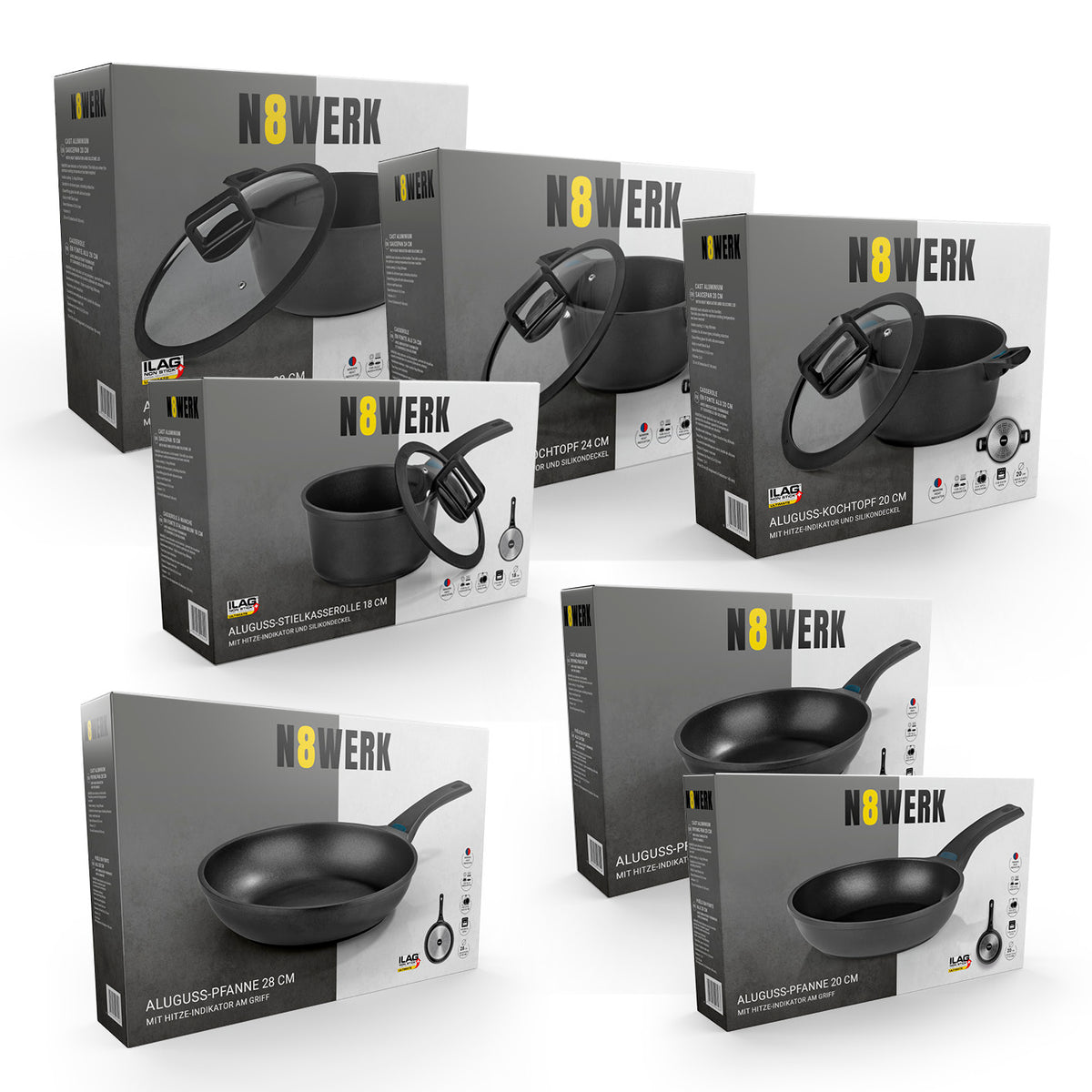 Aluguss-Topf- und Pfannen-Set - 11-teilig mit N8WERK Heat Indicator, Antihaftbeschichtung, für alle Herdarten geeignet.