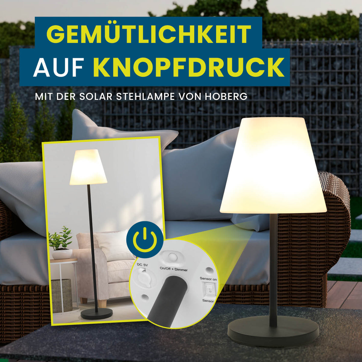 Solar-Stehlampe - 3-fach höhenverstellbar - 3 Helligkeitsstufen mit kabellosem Betrieb und warmweißem Licht für Innen und Außenbereich