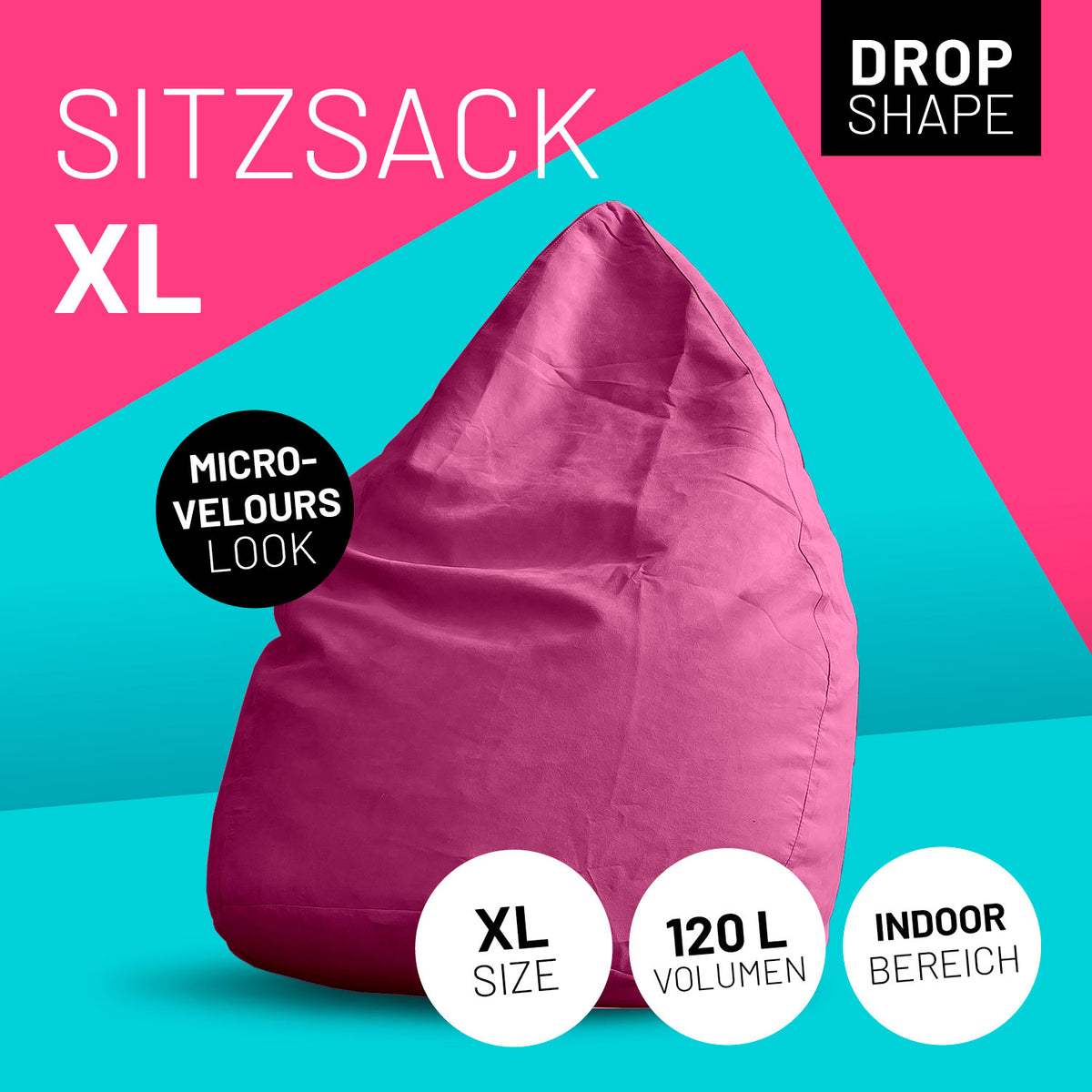 Luxury XL Sitzsack (120 L) - indoor - Pink, großer bequemer Sitzsack in Microvelours-Optik für Wohnräume und modernes Wohnen.