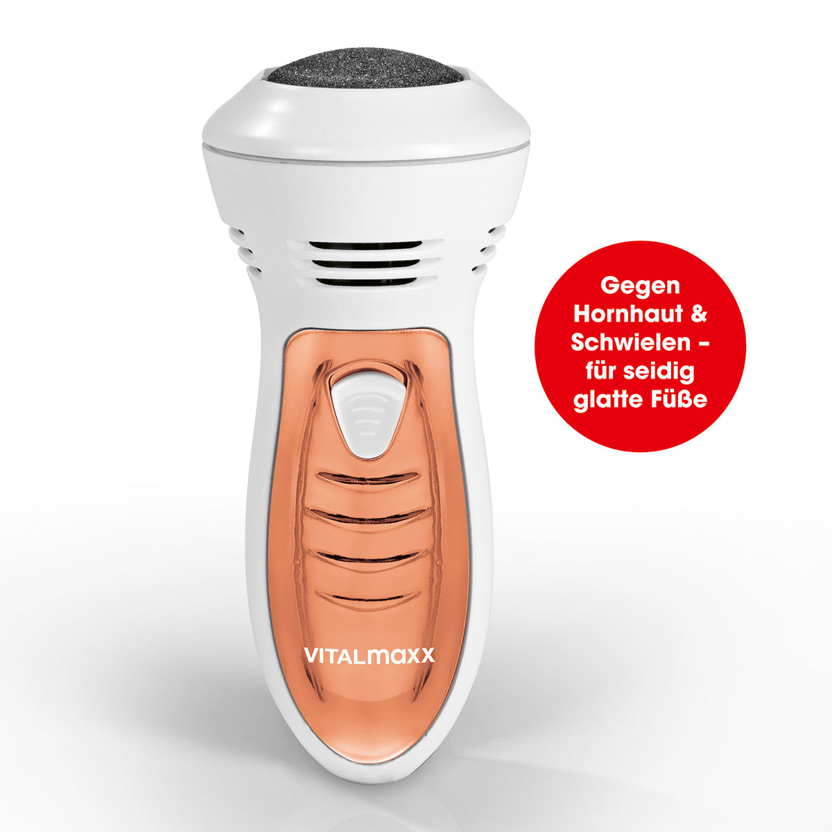 Hornhautentferner mit Saugfunktion von VITALmaxx, batteriebetrieben, kabellos, mit automatischer Absaugung für sanfte Hornhautentfernung.