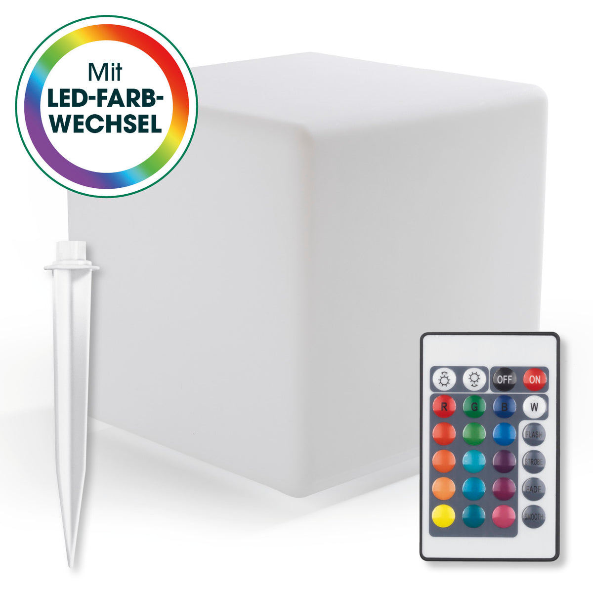 Solar-Leuchte Dekowürfel mit Fernbedienung, Farbwechsel-LEDs, wetterfest, Solarpanel und Erdspieß für Gartenbeleuchtung.