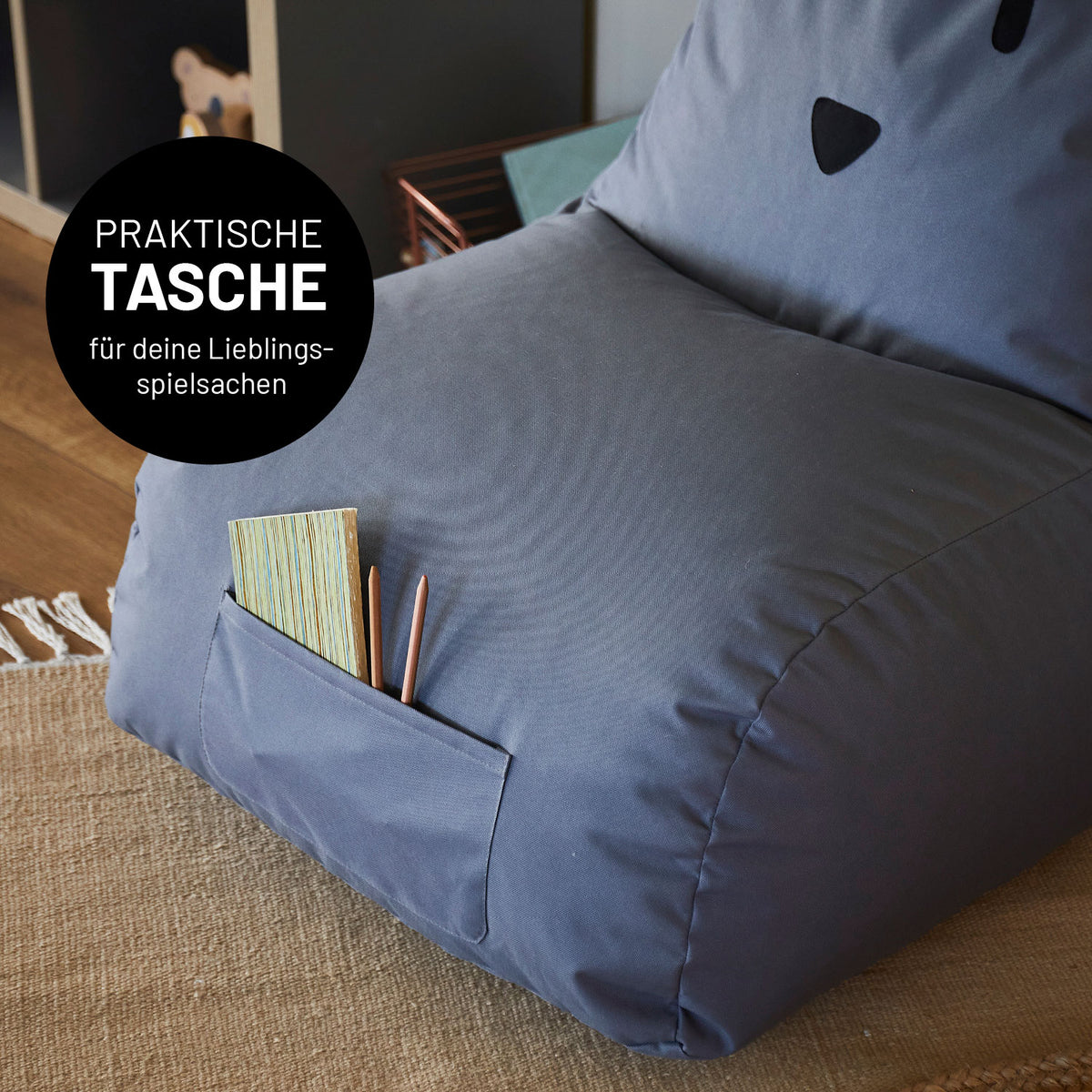 Kindersitzsack Animal Line Chick (200 L) in Senfgelb mit praktischer Tasche für Lieblingsspielsachen, indoor & outdoor nutzbar.
