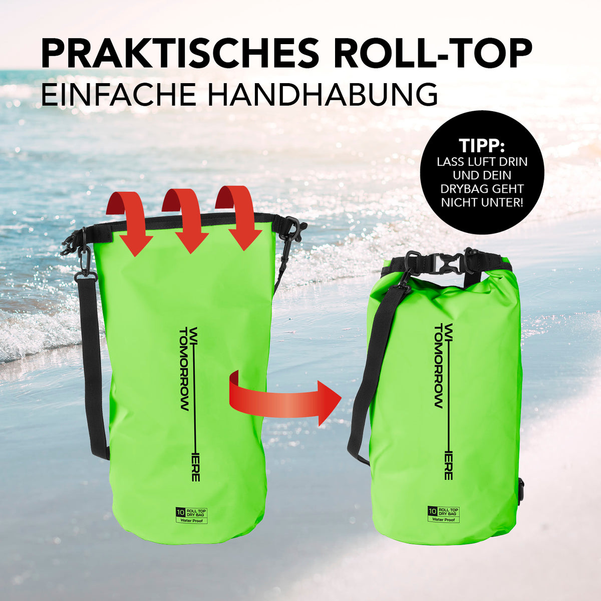 Dry Bag 10L - Style 02 - Grün mit wasserdichtem Rolltop-Verschluss und verstellbarem Schultergurt für Outdoor-Abenteuer.