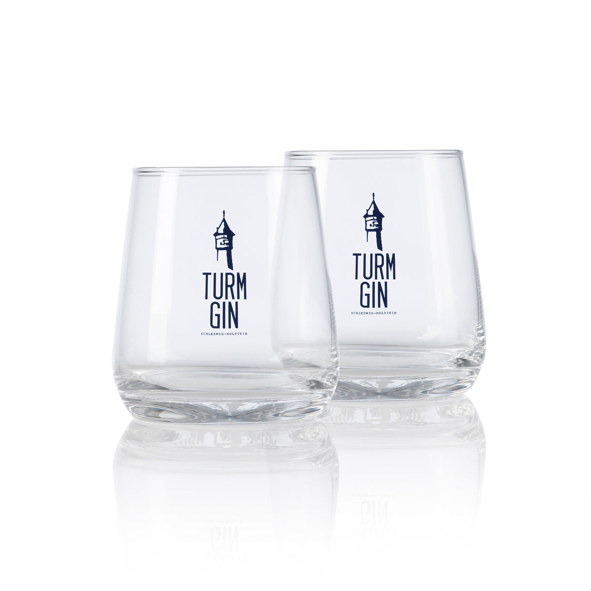 Glas mit Logo und Siegel - je 370 ml - 2er-Set mit TURM GIN Design, ideal für Gin, Cocktails und erfrischende Getränke.