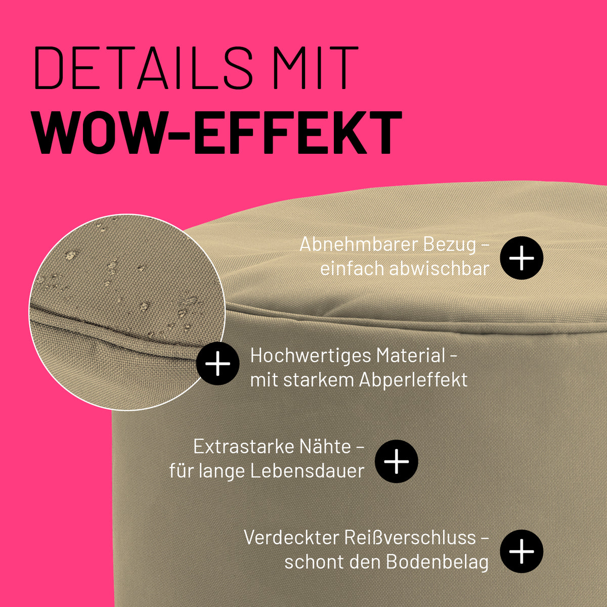 Sitzsack-Hocker/Pouf (50 L) beige, abnehmbar, pflegeleicht, wasserabweisend, extrastarke Nähte, verdeckter Reißverschluss, indoor & outdoor geeignet.