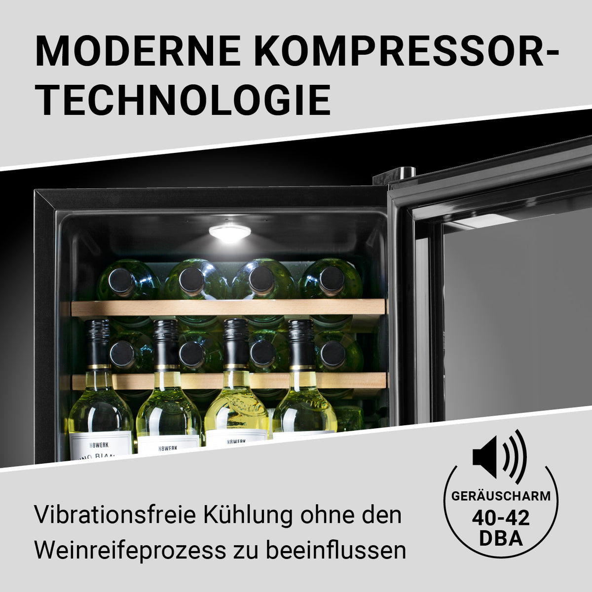 Weinkühlschrank - 15 Flaschen mit moderner Kompressor-Technologie, vibrationsfreier Kühlung und geräuscharmem Betrieb bis 42 dBA.