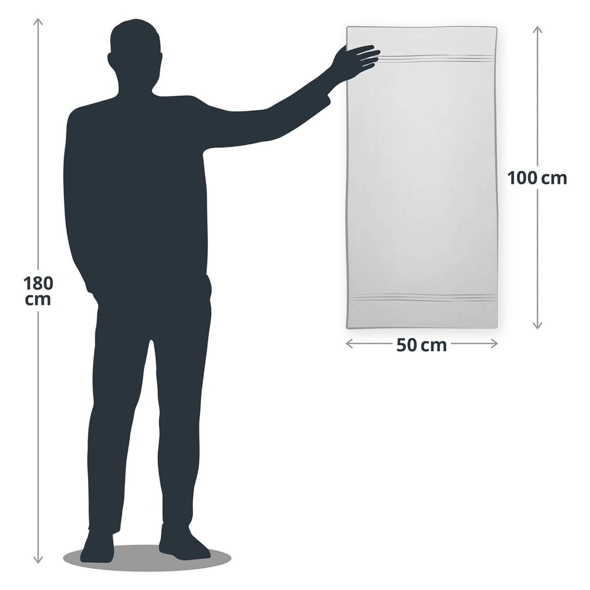 Premium Handtuch-Set - 2 Handtücher (50 x 100 cm) + 2 Badetücher (70 x 140 cm) - Türkis, Größenvergleich mit Person.