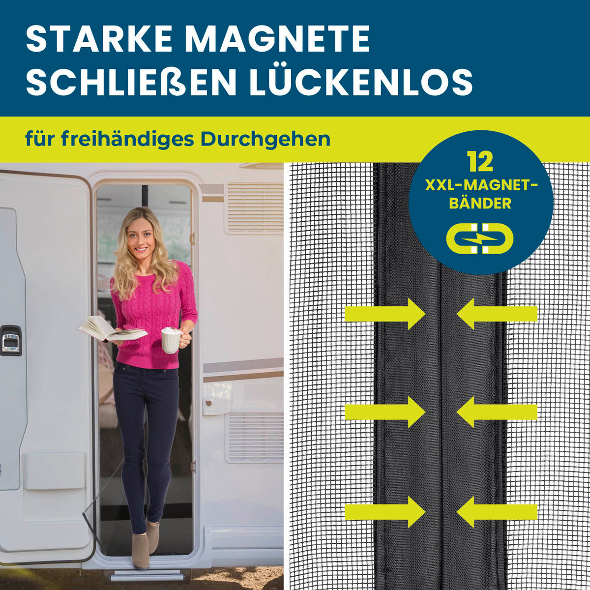Insektenschutzvorhang für Wohnwagen - 60 x 180 cm mit starken Magnetbändern für lückenloses Schließen und freihändiges Durchgehen.