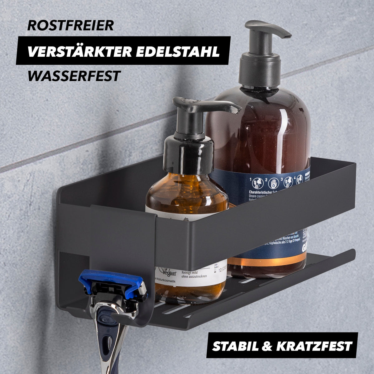 Dusch-Organizer zum Kleben oder Bohren - 2er-Set - Schwarz aus rostfreiem Edelstahl, wasserfest, stabil und platzsparend für Duschutensilien.