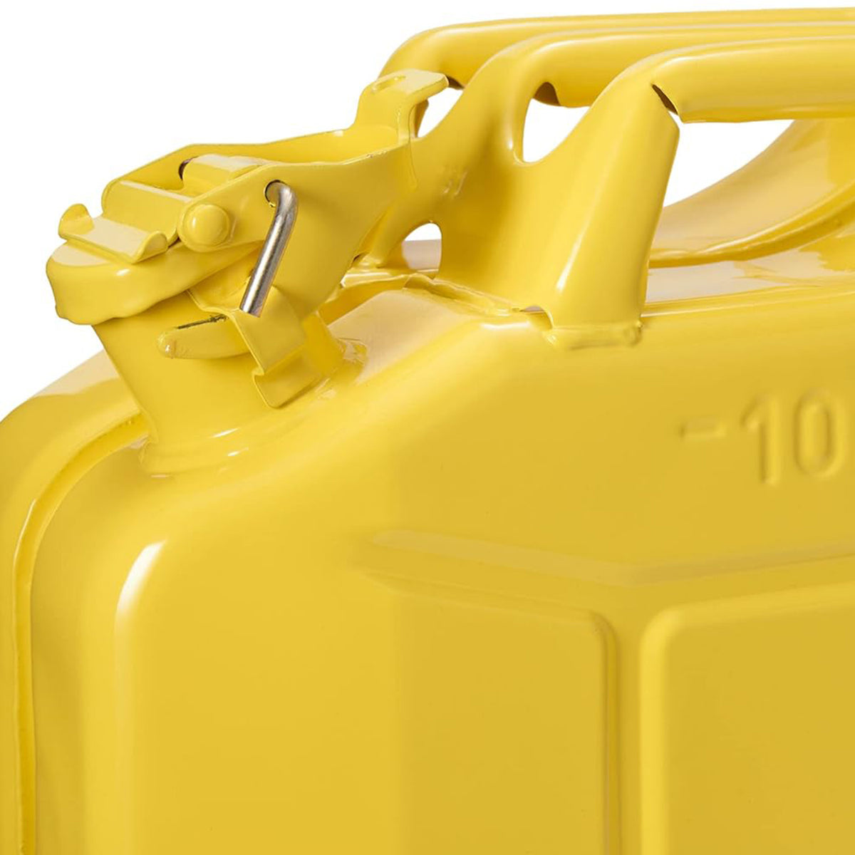 Kraftstoffkanister Metall - 10 Liter - gelb mit auslaufsicherem Bügelverschluss und korrosionsbeständiger Pulverbeschichtung.