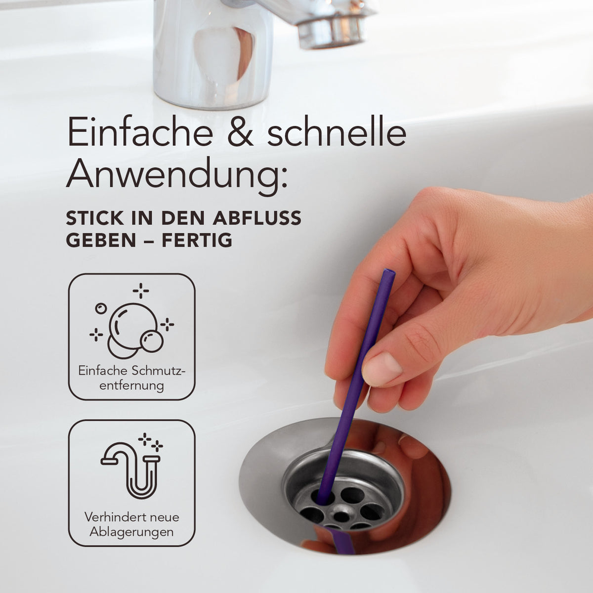 Abflussreiniger-Stick Lavendel - 50er-Set, einfache Anwendung für saubere Abflüsse und Geruchsbeseitigung in Waschbecken und Spüle.