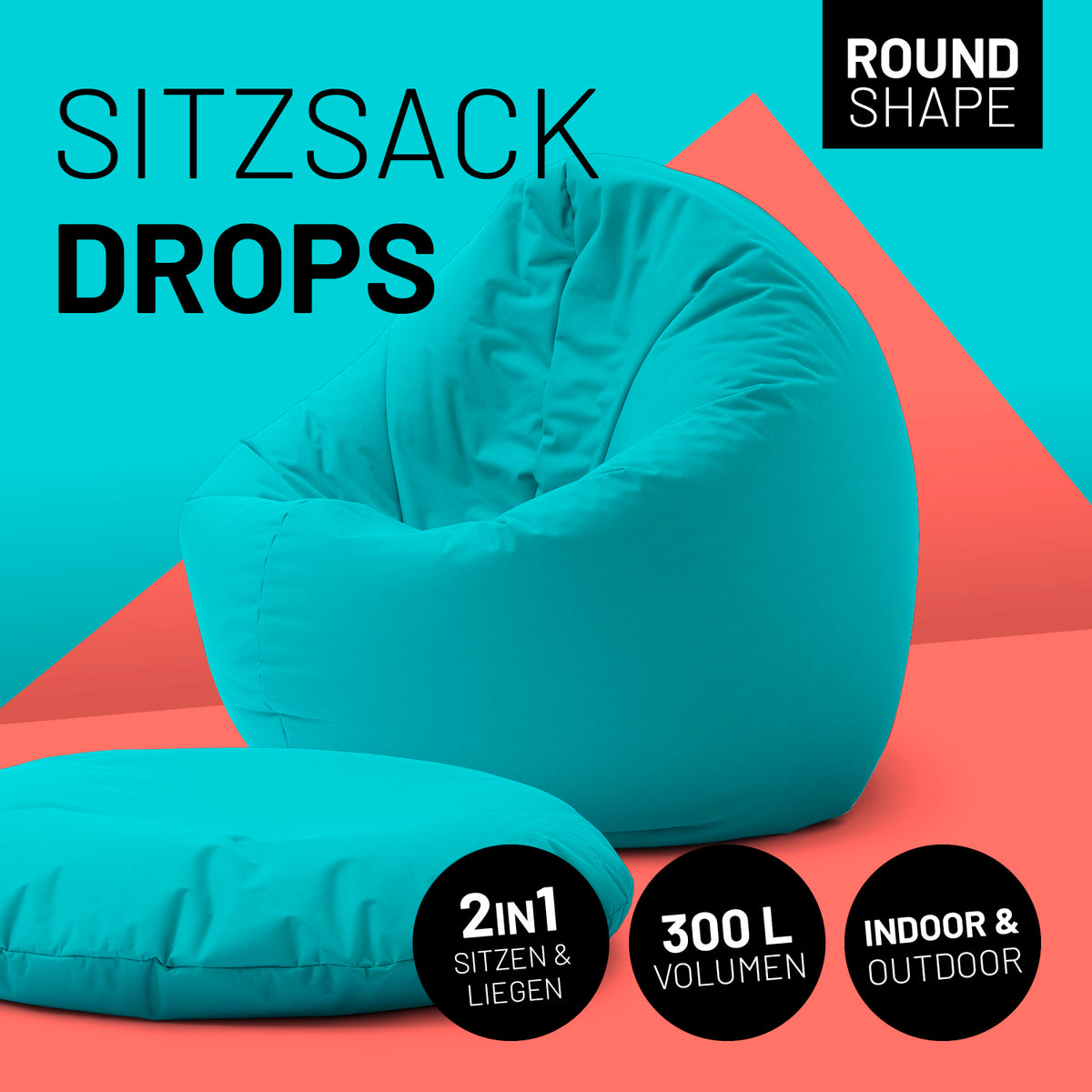 Sitzsack Drops (300 L) in Aquamarin, modern und multifunktional für drinnen & draußen, mit langlebigen Nähten und hochwertiger Füllung.